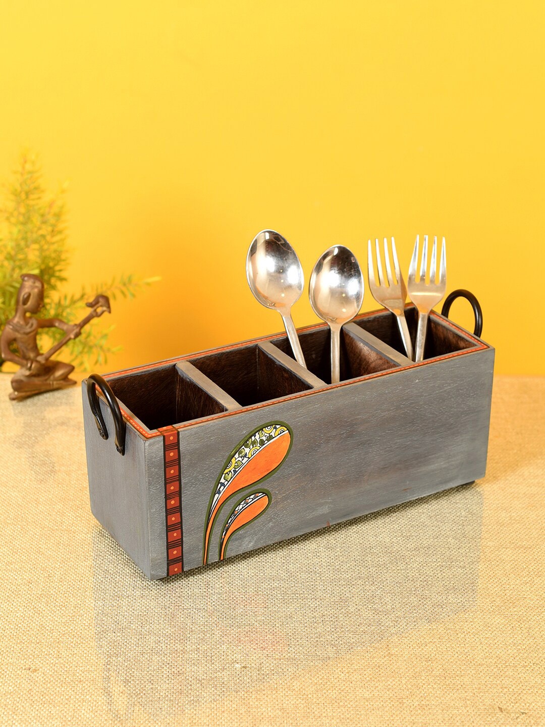 

AAKRITI ART CREATIONS Grey Ethnic Motifs Painted Wooden Cutlery Holder