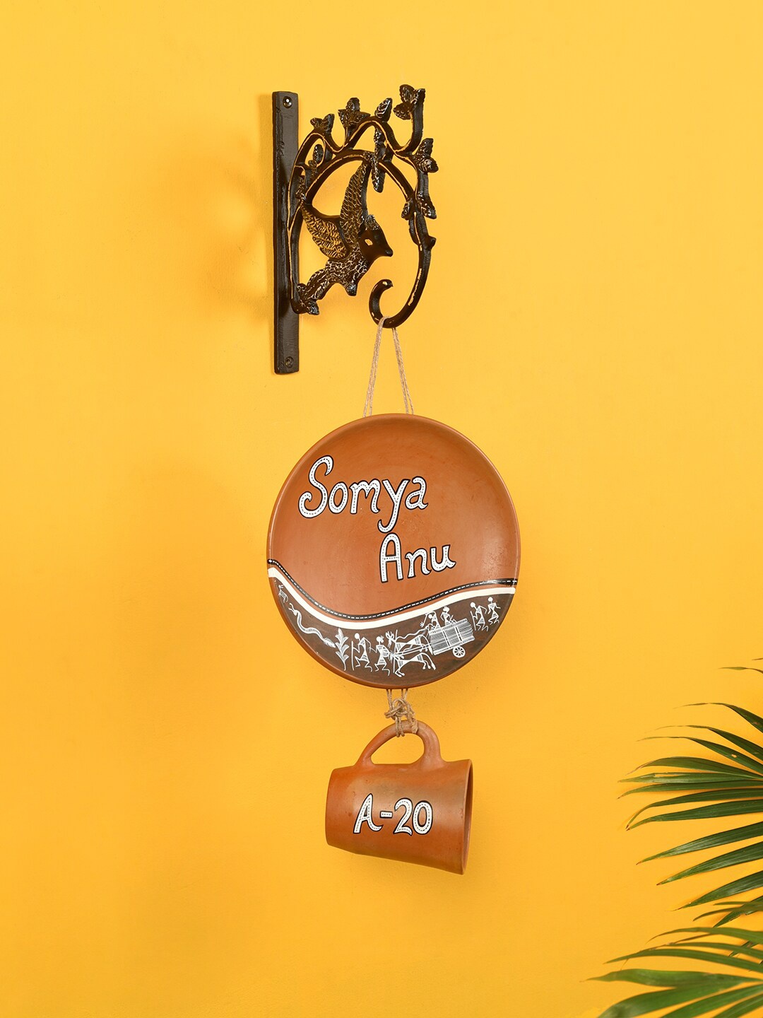 AAKRITI ART CREATIONS Brown Patterned Terracotta Customizable Name Board With Metal Stand