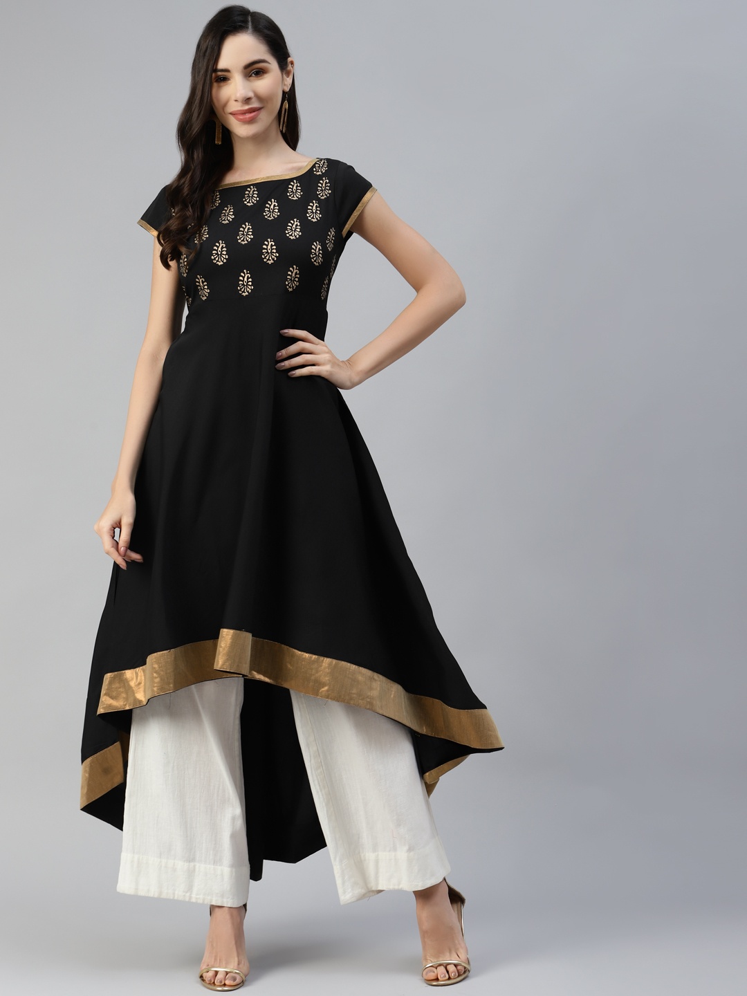 

MBE Women Black & Beige Ethnic Motifs Printed Block Print Crepe Anarkali Kurta