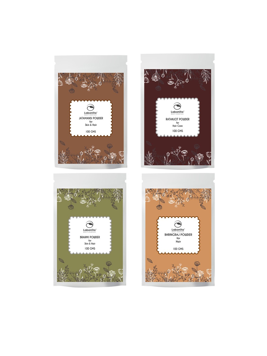 

Labonita Pack of 4 Hair & Skin Care Powders Of Jatamansi, Ratanjot, Brahmi, Bhringraj, Brown