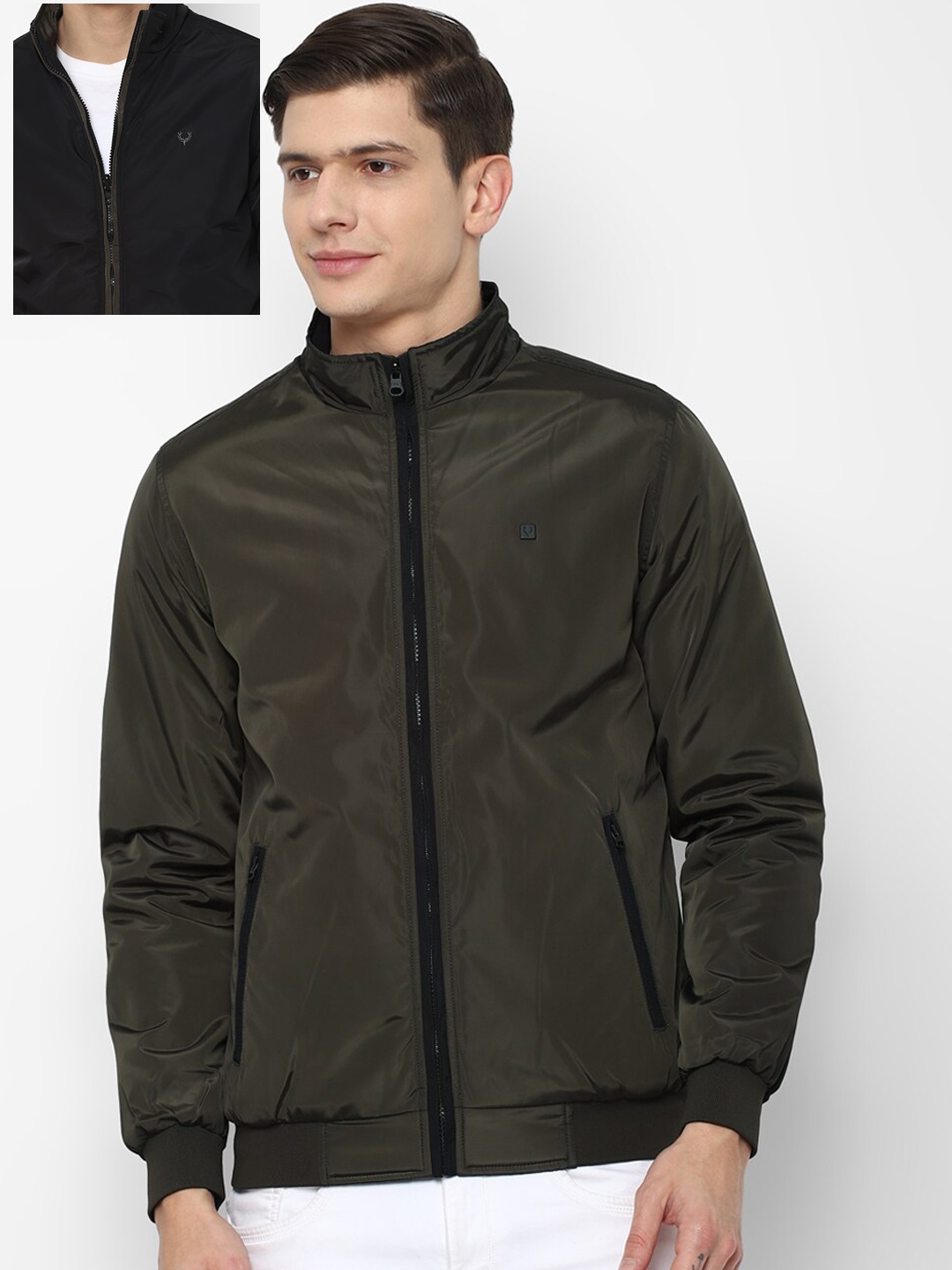 

Allen Solly Men Olive Green Black Reversible Bomber Jacket