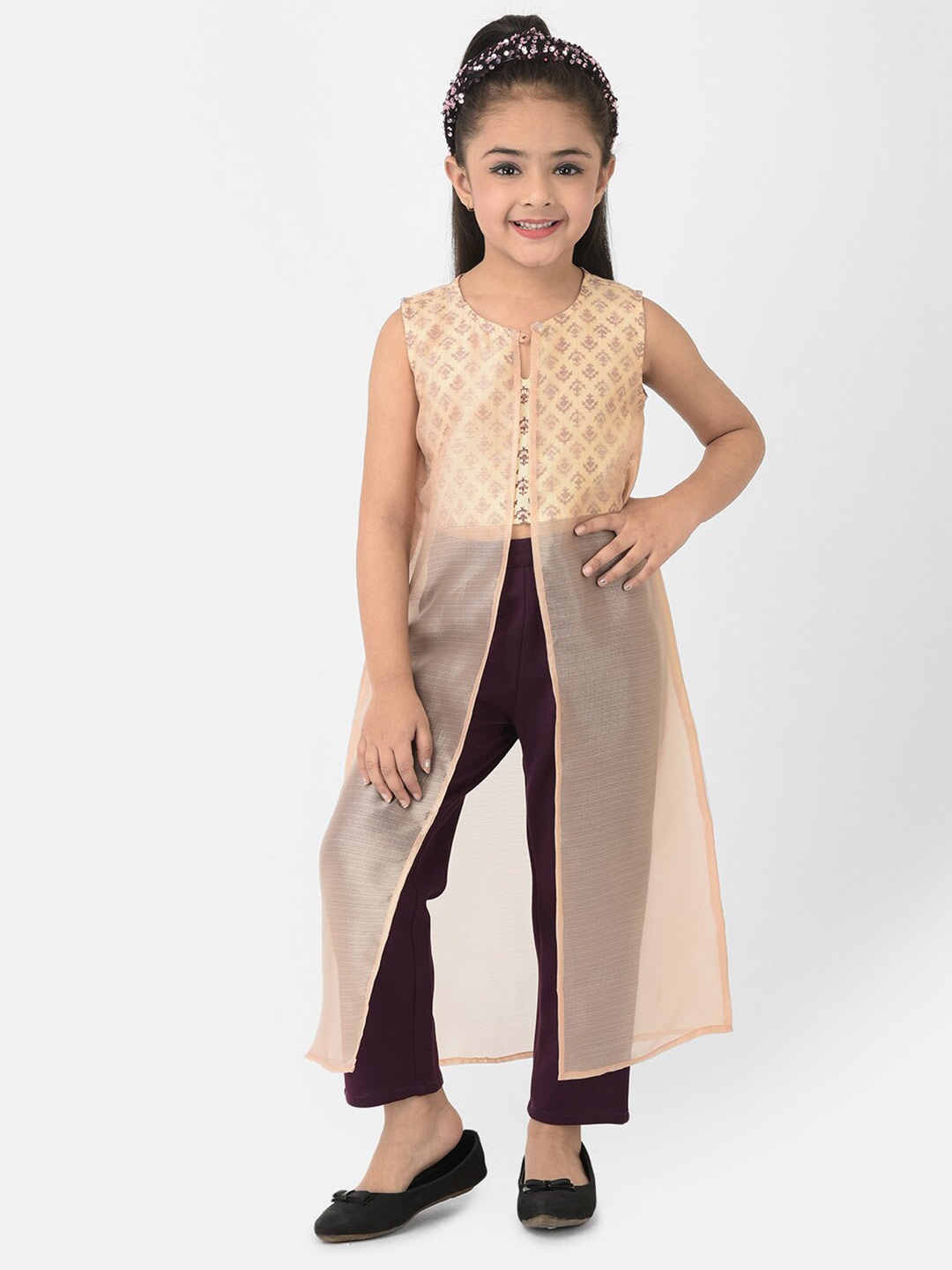 

Eavan Girls Cream & Purple Printed Top With Trousers With Jacket