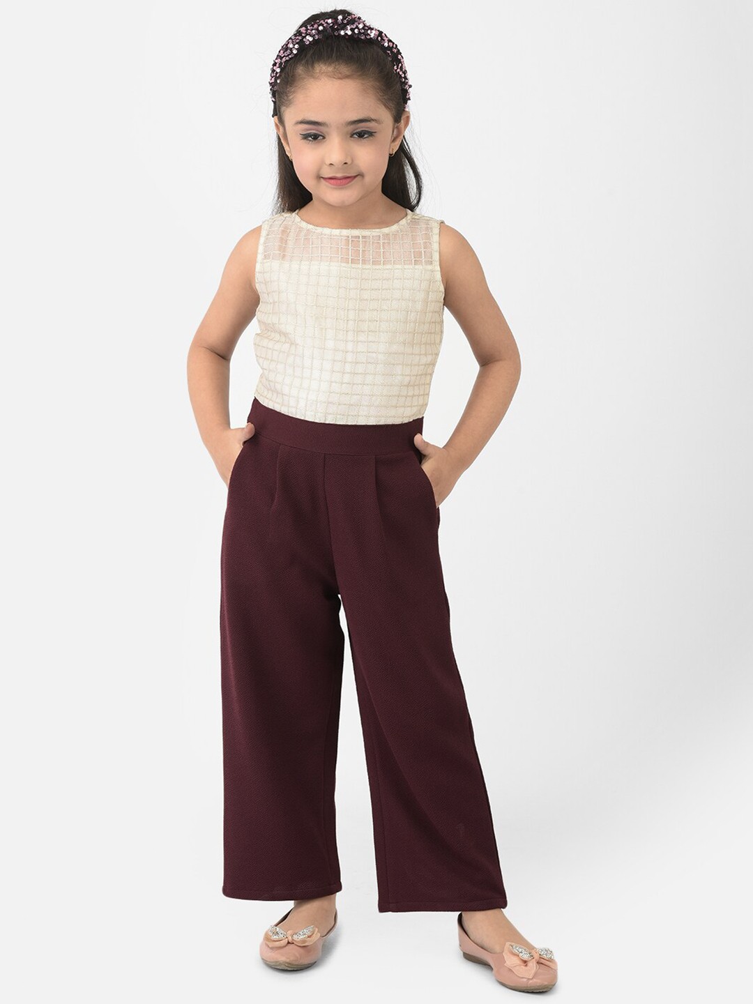 

Eavan Girls Cream-Coloured & Burgundy Embellished Basic Jumpsuit