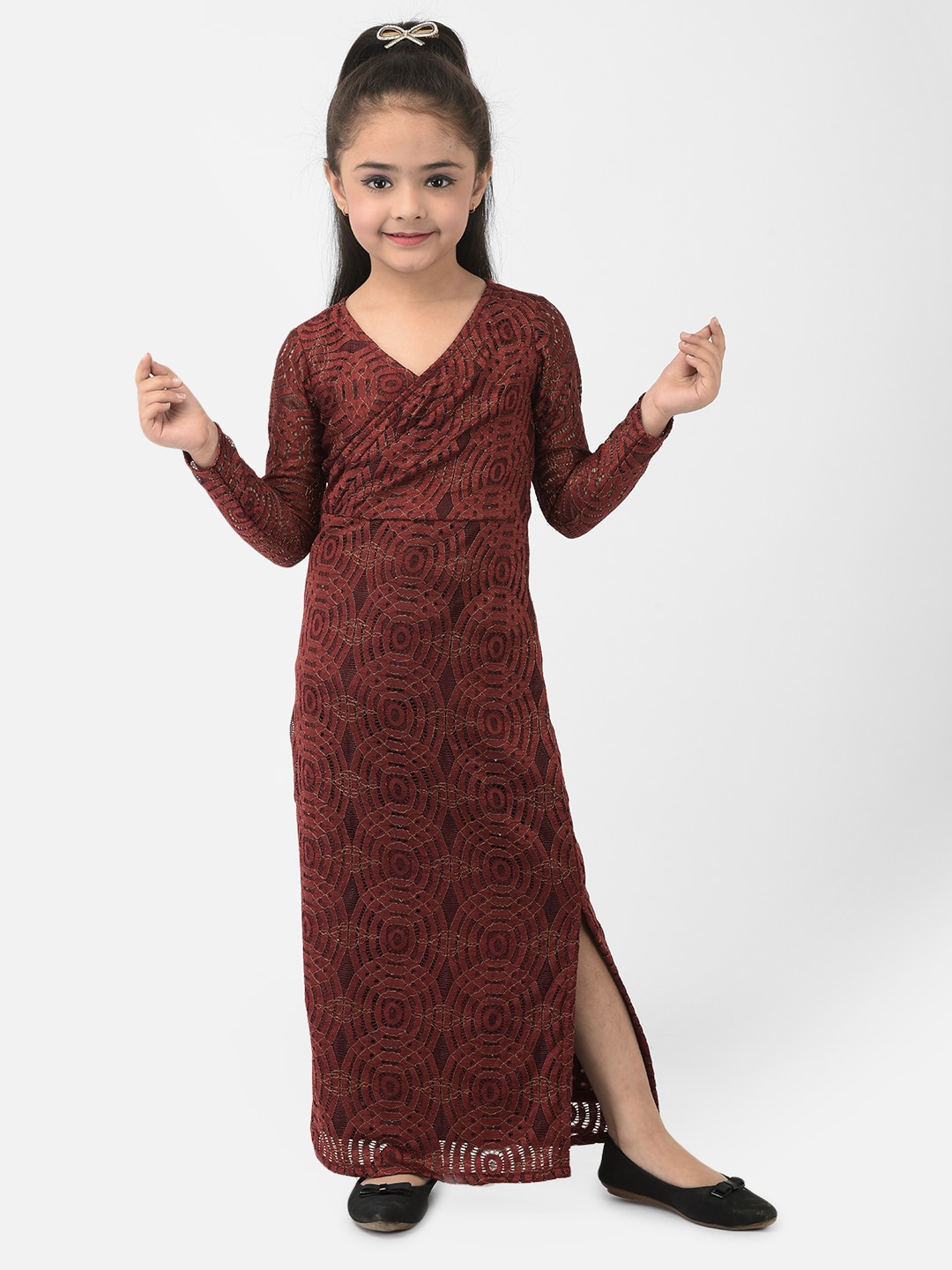 

Eavan Girls Maroon Embellished Lace Sheath Maxi Dress