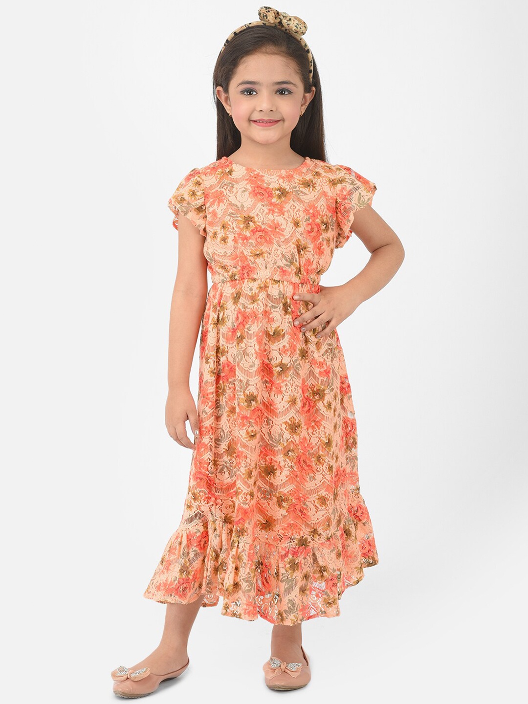 

Eavan Coral Peach & Pink Floral Lace Cotton Midi Dress
