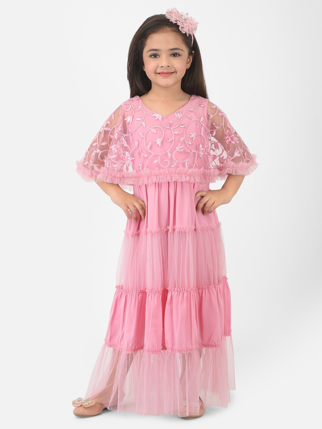 

Eavan Girls Pink Net Embroidered Net Maxi Dress