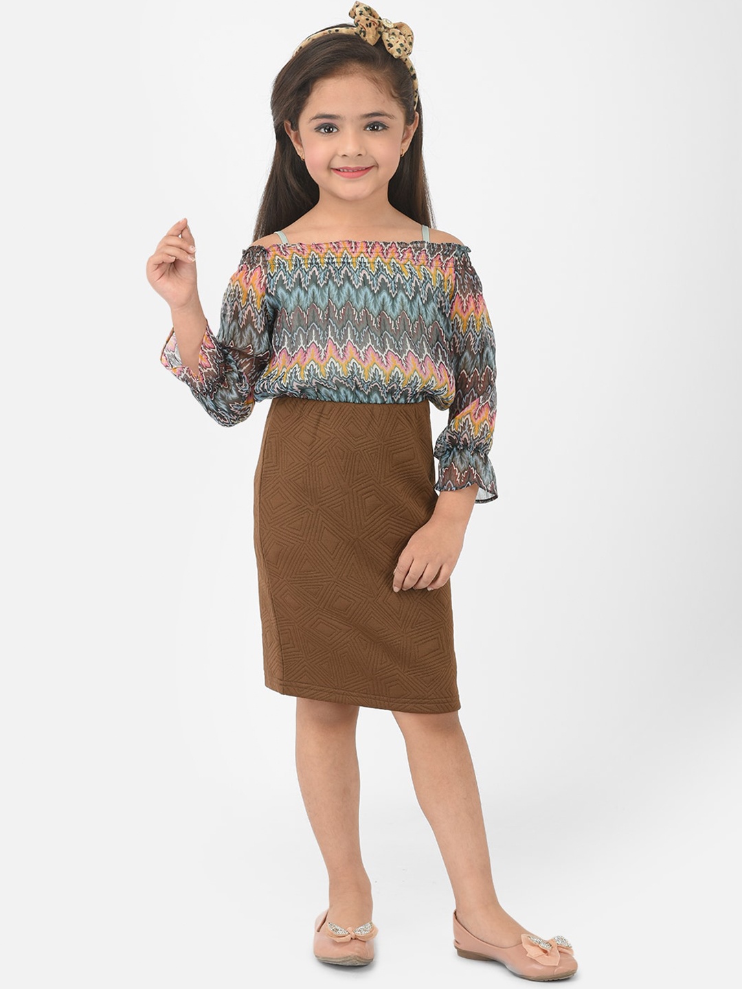 

Eavan Girls Brown Printed Chiffon Sheath Dress