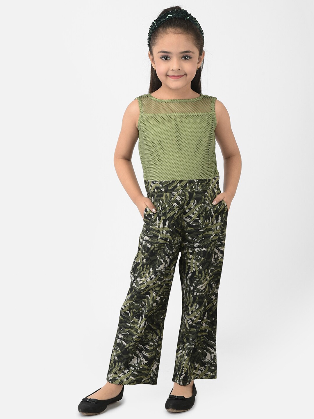 

Eavan Girls Olive Green Printed Basic Jumpsuit