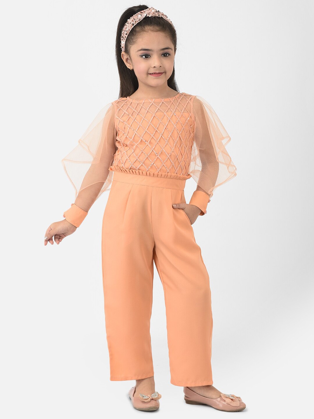 

Eavan Girls Orange Self Design Embellished Basic Jumpsuit