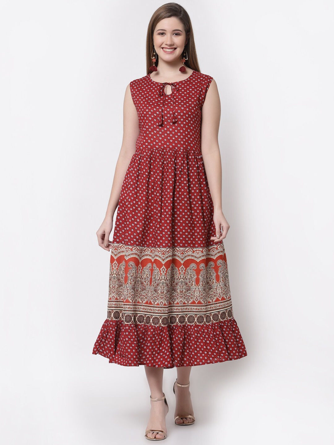 

Myshka Maroon & Beige Ethnic Motifs Tie-Up Neck Ethnic A-Line Midi Dress