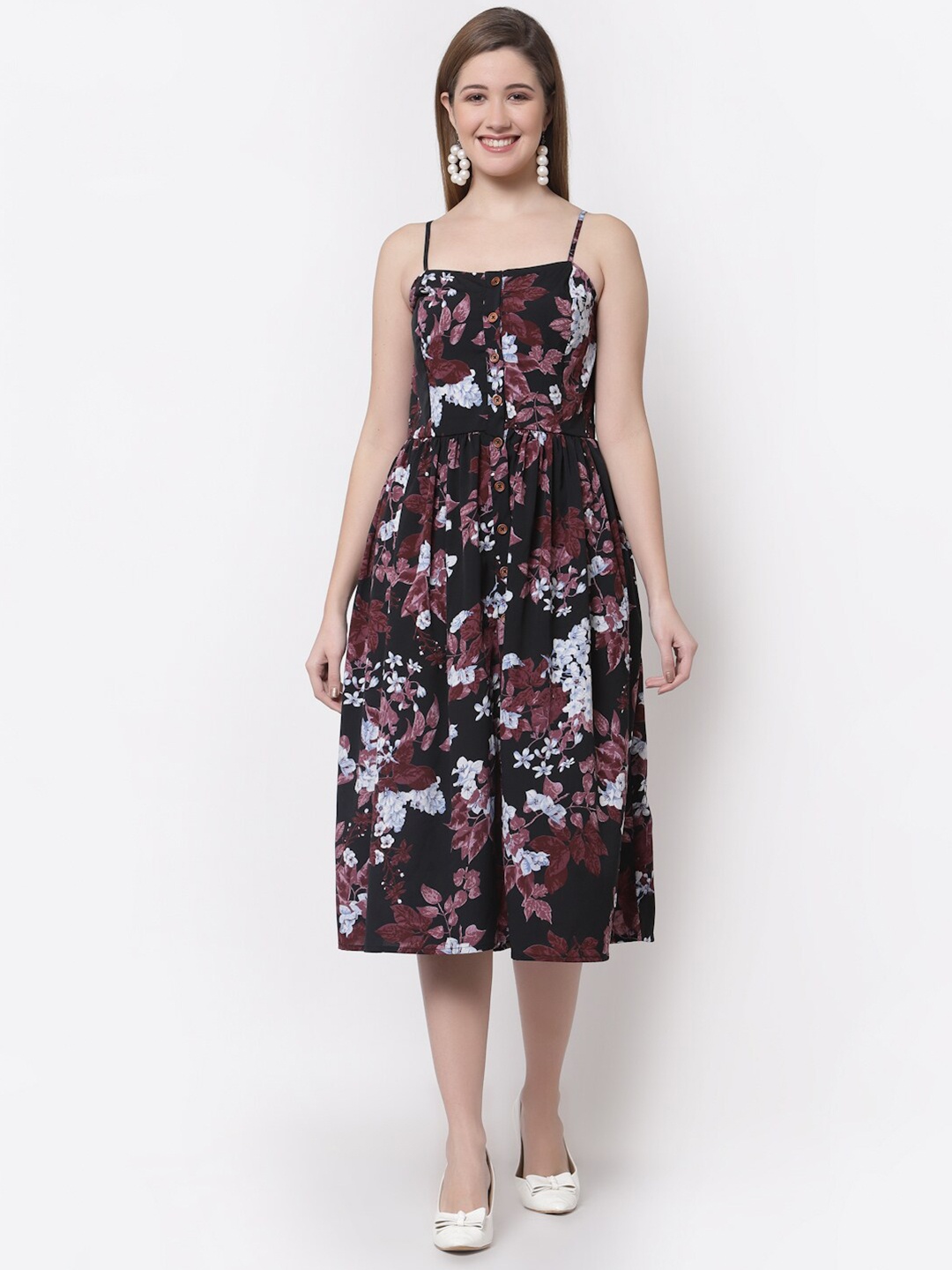 

Myshka Women Black & Brown Floral Printed Organic Cotton Midi Dress