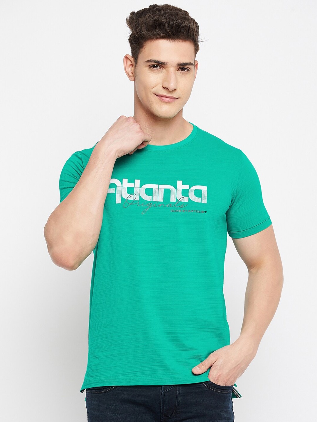 

Duke Men Green Typography Printed Slim Fit Cotton T-shirt