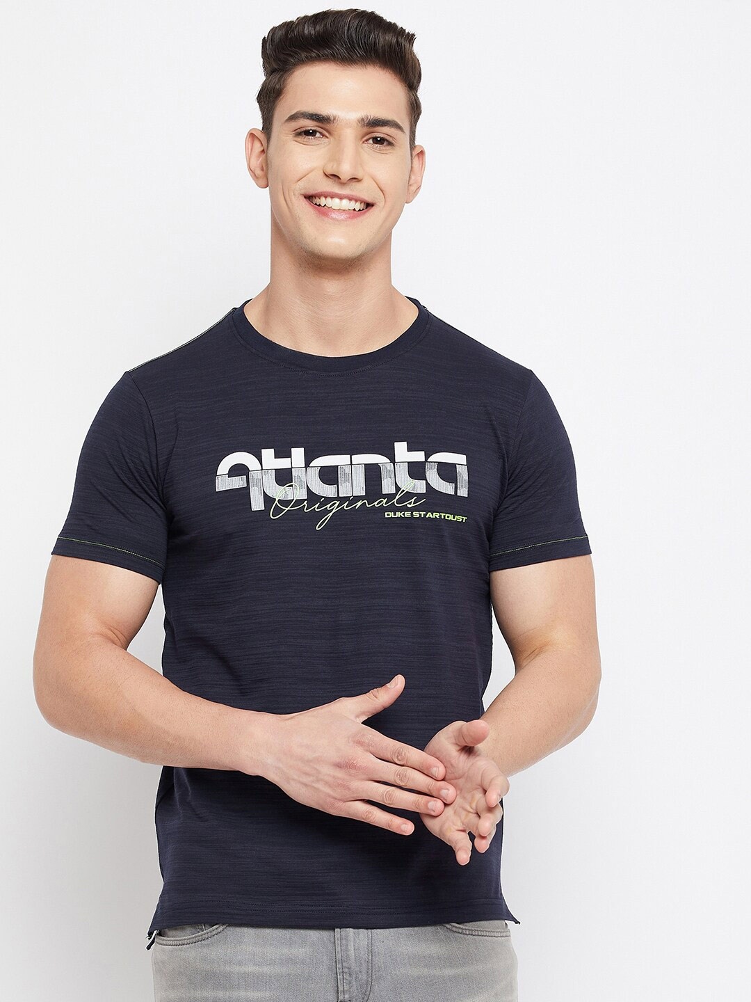 

Duke Men Navy Blue Typography Printed Slim Fit Cotton T-shirt