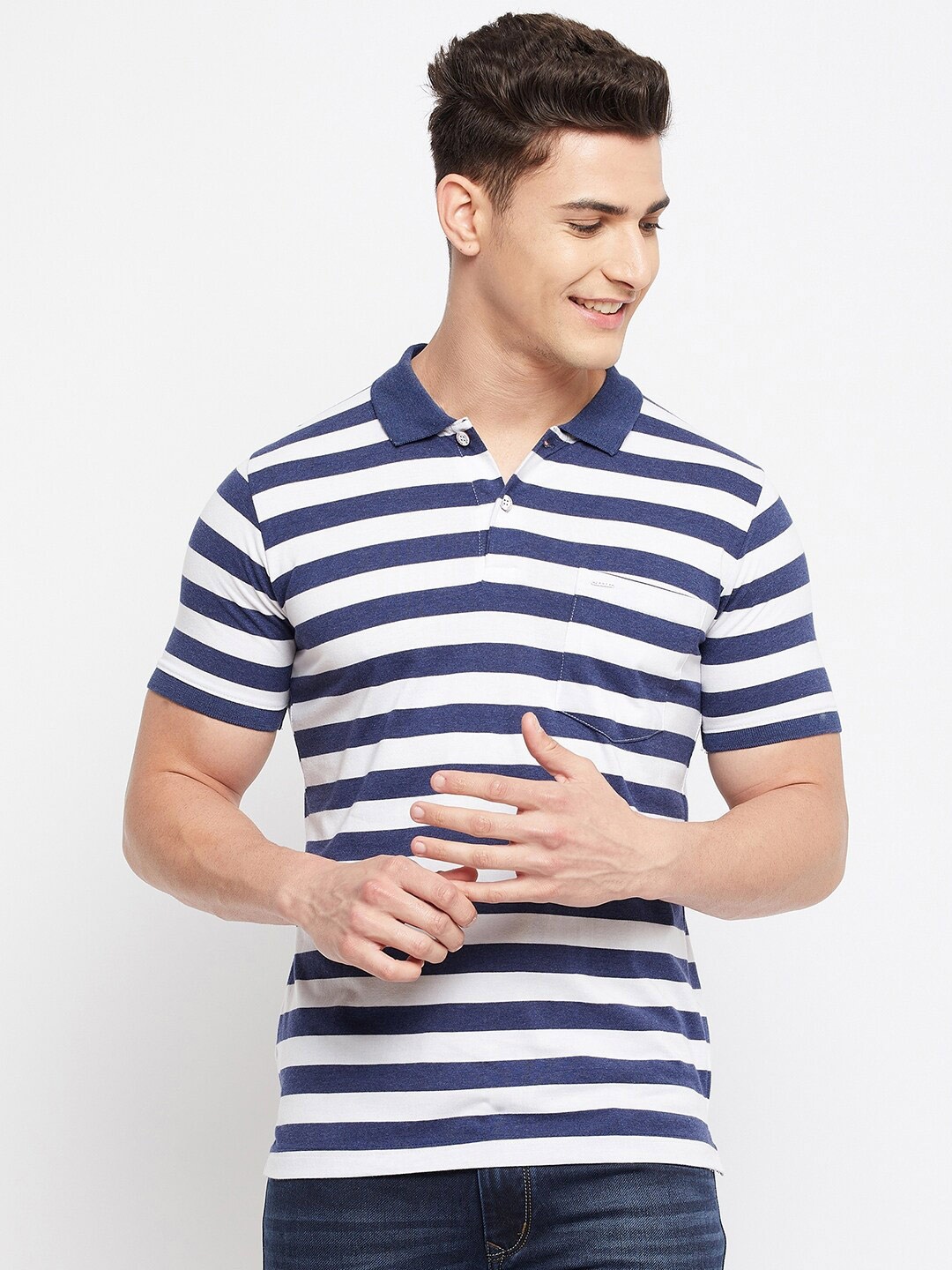 

Duke Men Blue Striped Polo Collar Slim Fit T-shirt