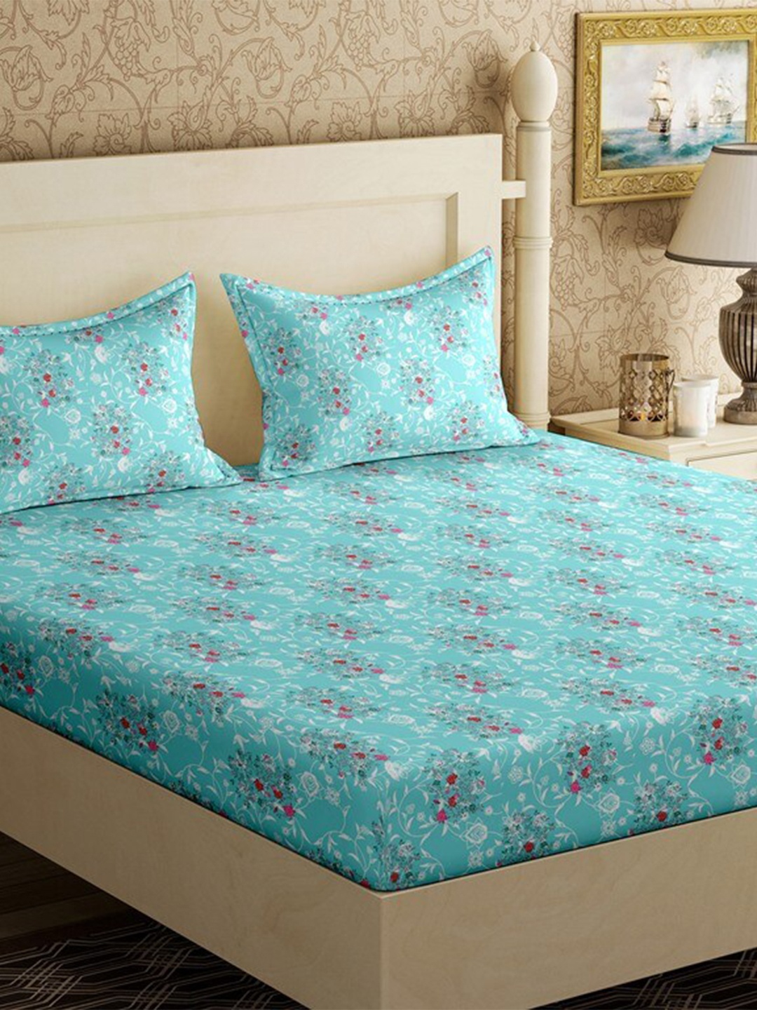 

BELLA CASA Blue & Pink Floral 110 TC Queen Bedsheet with 2 Pillow Covers