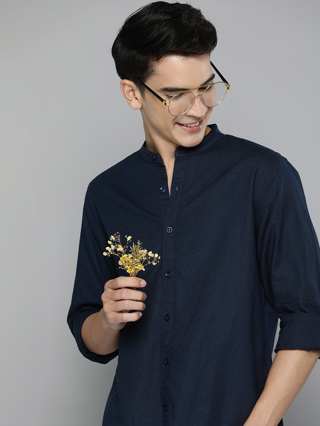 

Mast & Harbour Men Navy Blue Cotton Linen Casual Shirt
