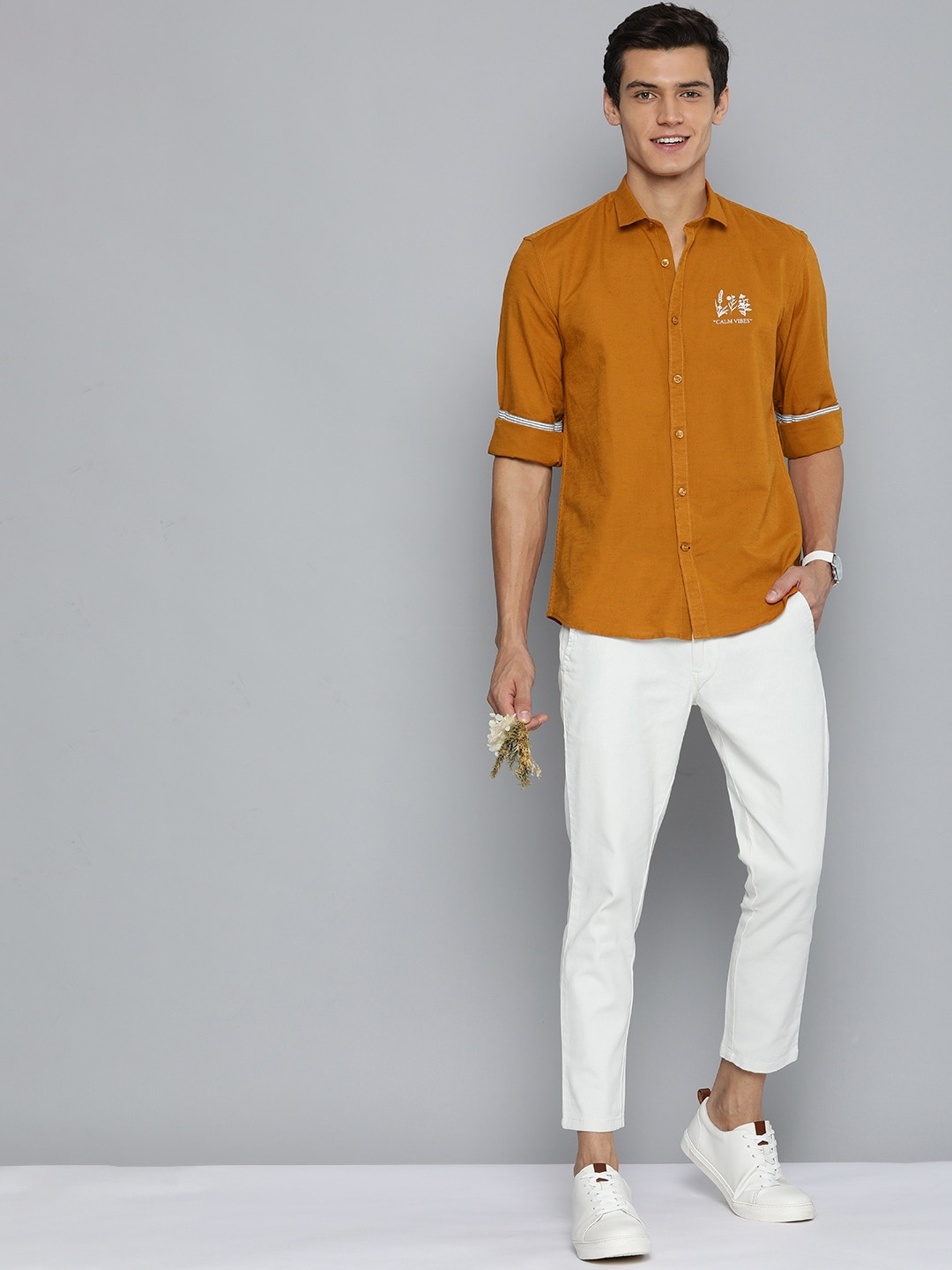 

Mast & Harbour Men Rust Orange Casual Cotton-Linen Shirt