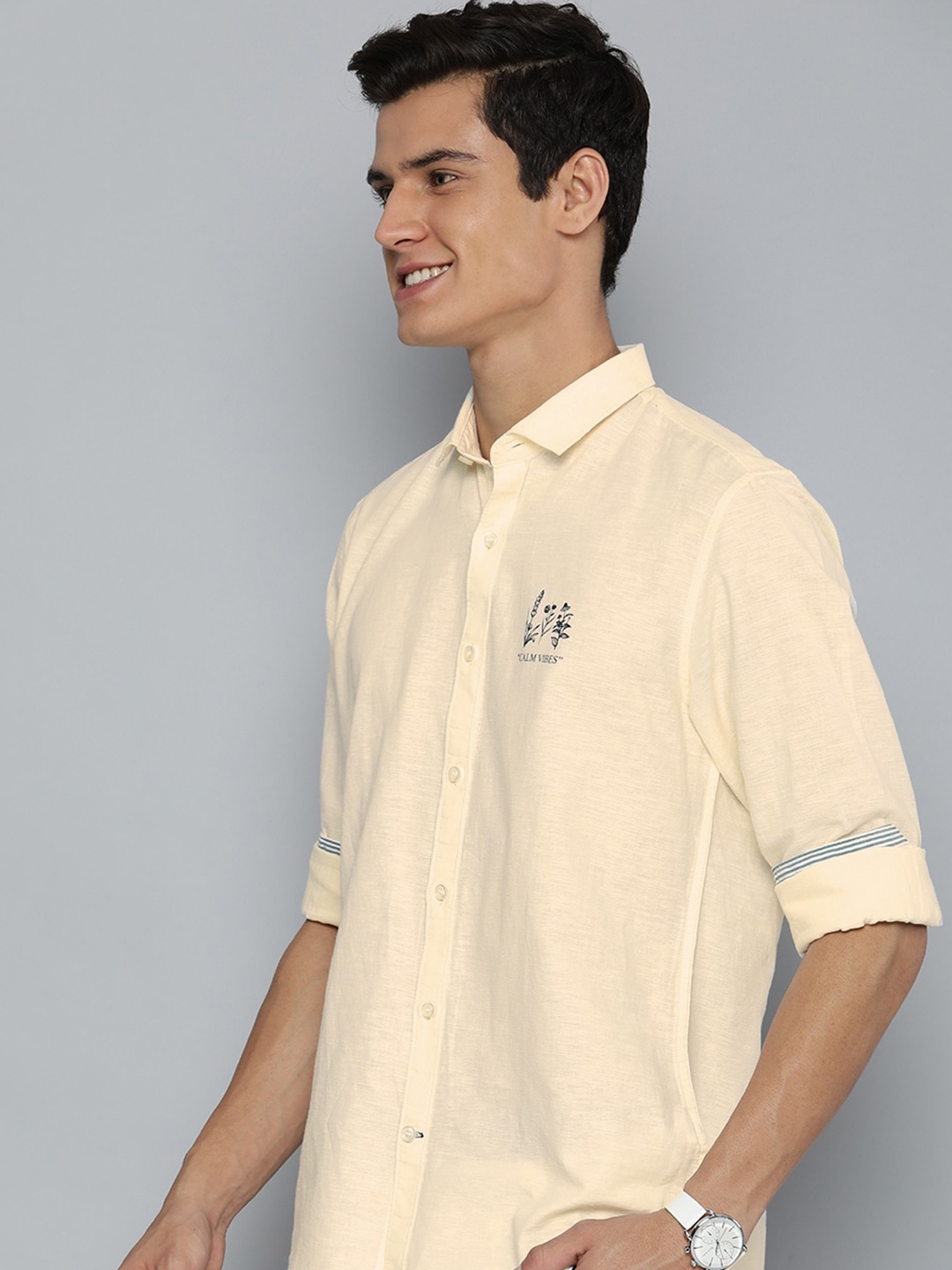 

Mast & Harbour Men Off-White Solid Casual Cotton Linen Shirt