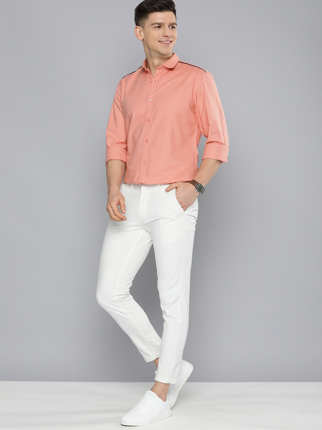 

Mast & Harbour Men Peach-Coloured Solid Slim Fit Pure Cotton Casual Shirt