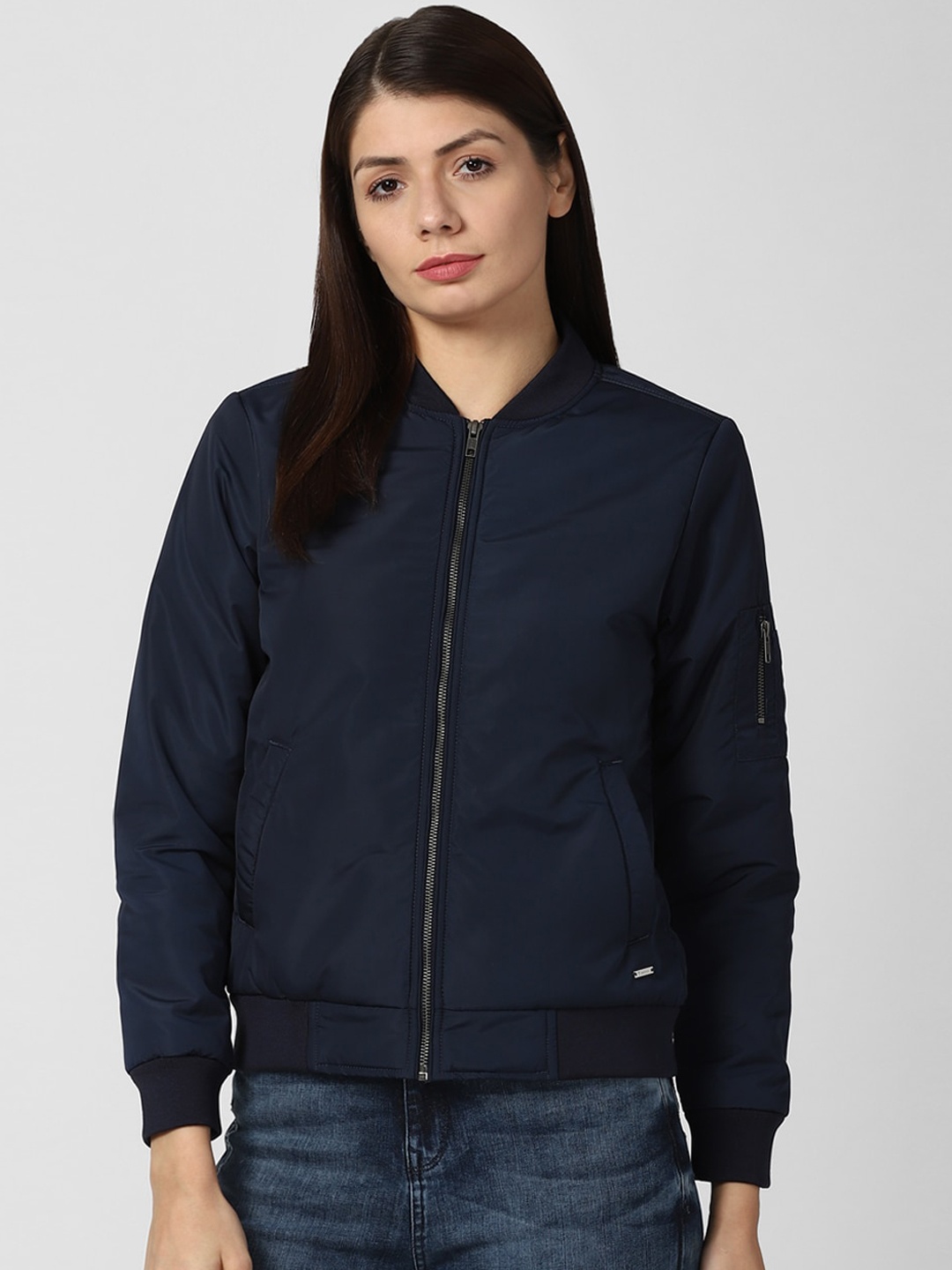 Van Heusen Woman Navy Blue Solid Bomber Jacket