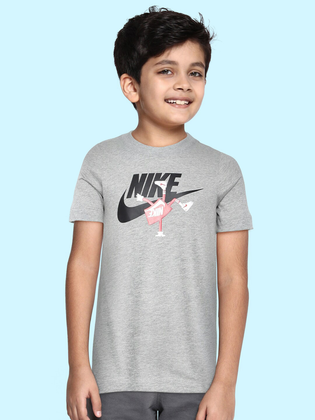 

Nike Boys Grey Melange Brand Logo Print Pure Cotton Futura Boxy Sportswear T-Shirt