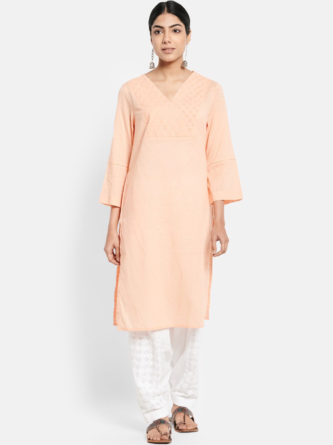 

Fabindia Women Peach-Coloured Bell Sleeves Chikankari Thread Work Cotton Kurta