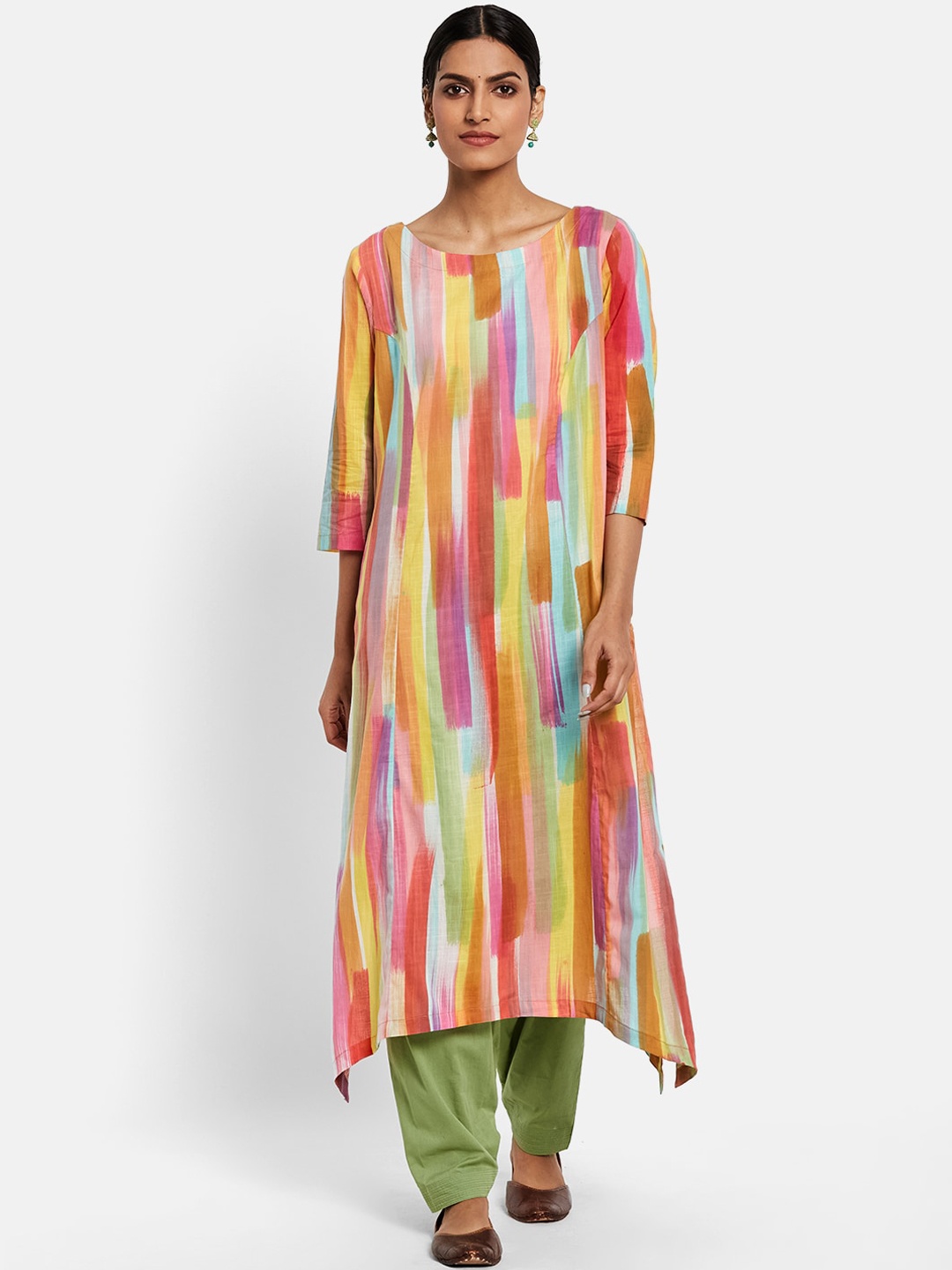 

Fabindia Women Multicoloured Printed Asymmetric Hem Kurta, Multi
