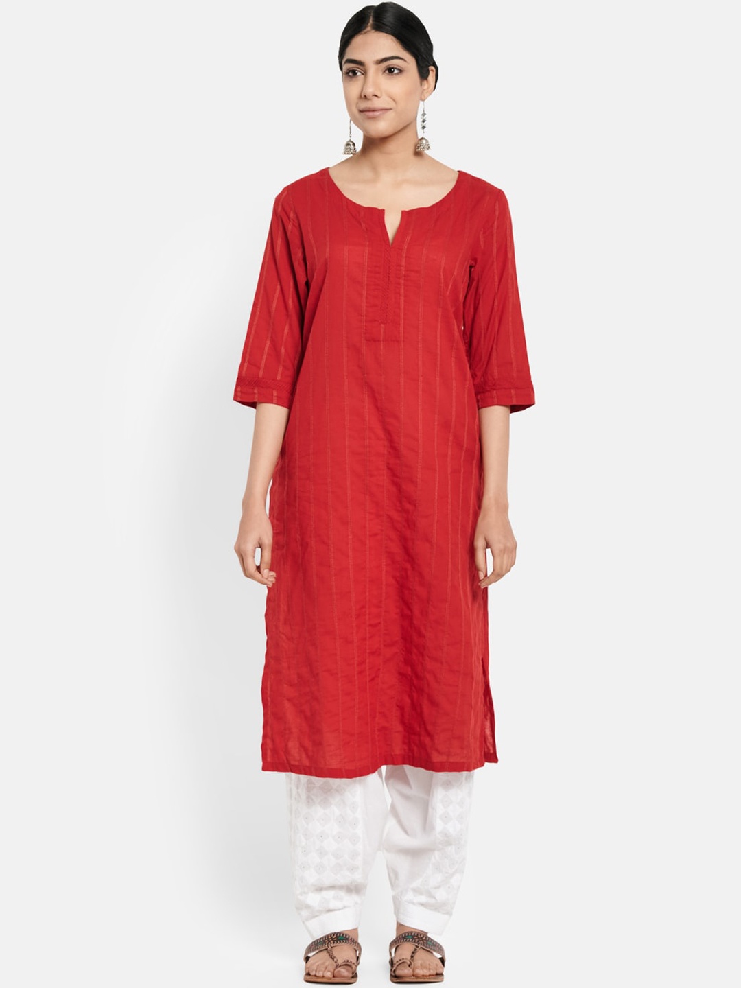 

Fabindia Women Red Stripe Embroidered Cotton Kurta