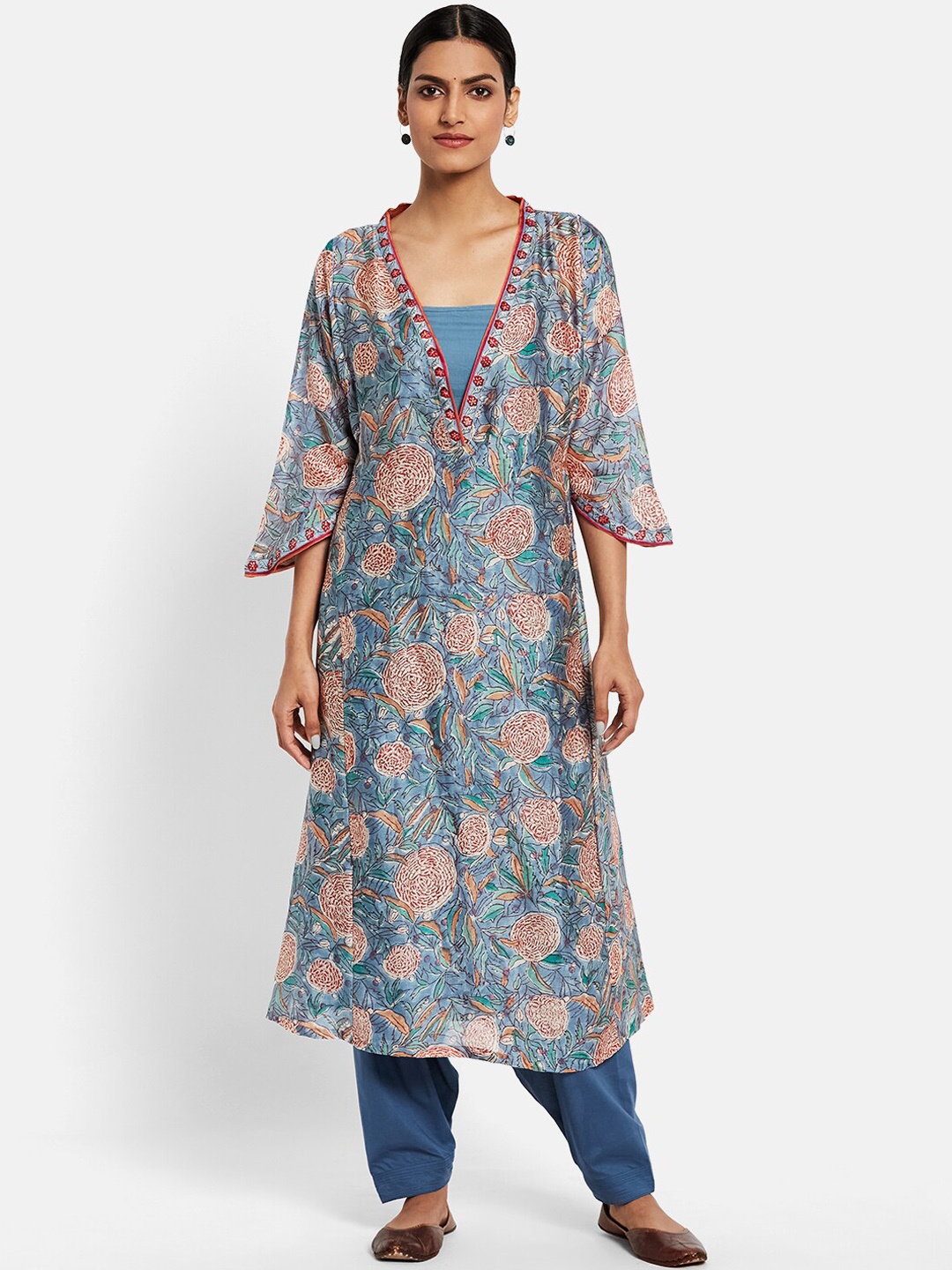 

Fabindia Women Blue & Red Paisley Printed Layered A-Line Kurta
