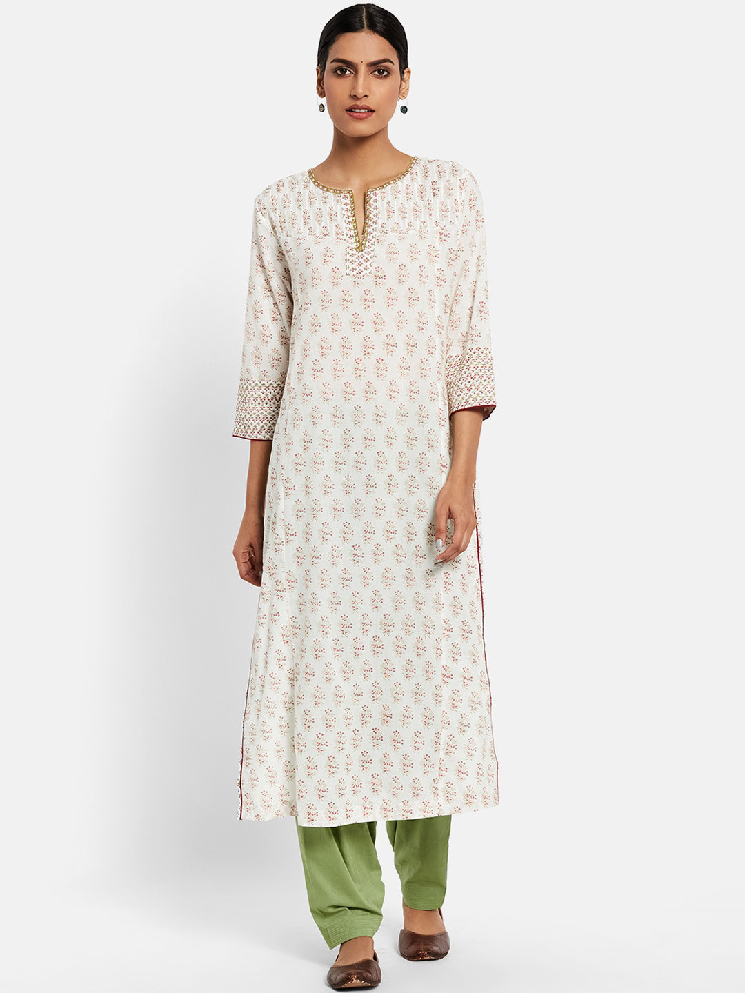 

Fabindia Women Off White Floral Printed Cotton Kurta