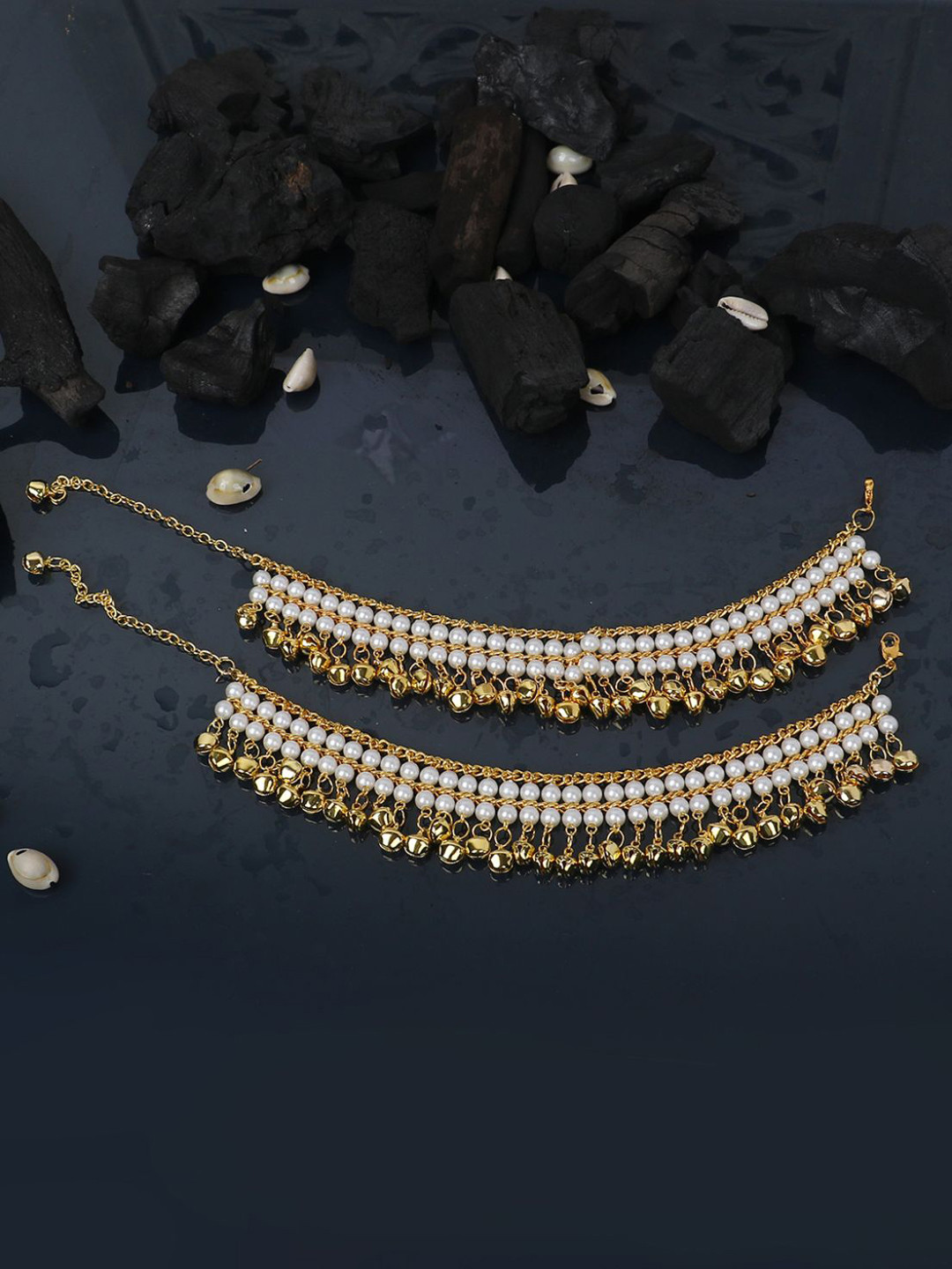 

ANIKAS CREATION Gold-Toned Set of 2 Traditional Gold Plated Stone Studed Anklets