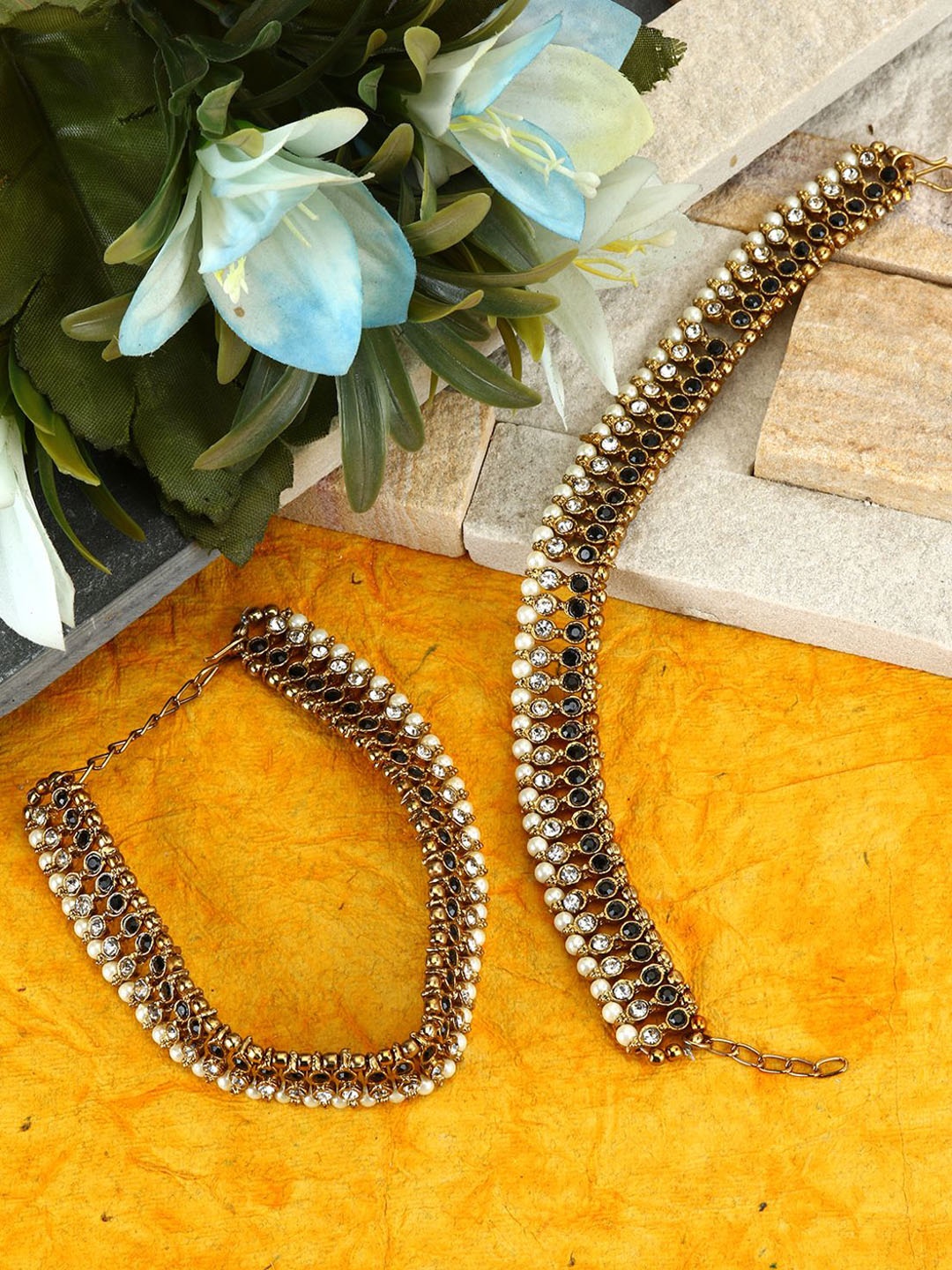 

ANIKAS CREATION Gold-Plated Black & White Stone Studded Anklet