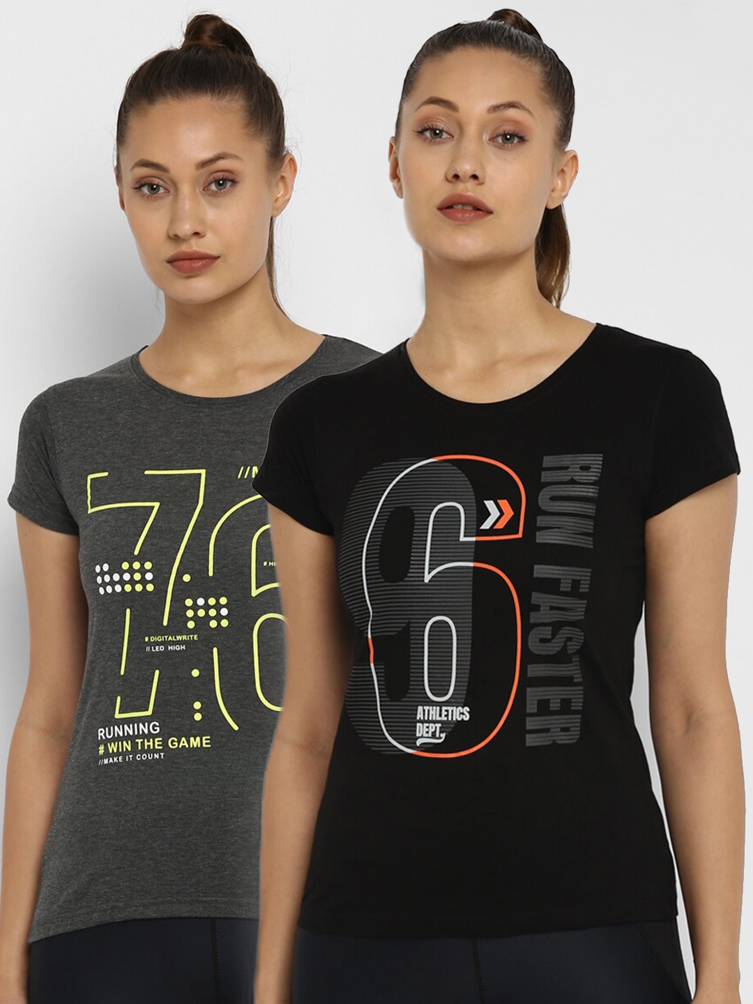 

appulse Women Set Of 2 Olive Green & Black Typography Printed Slim Fit Running T-shirt