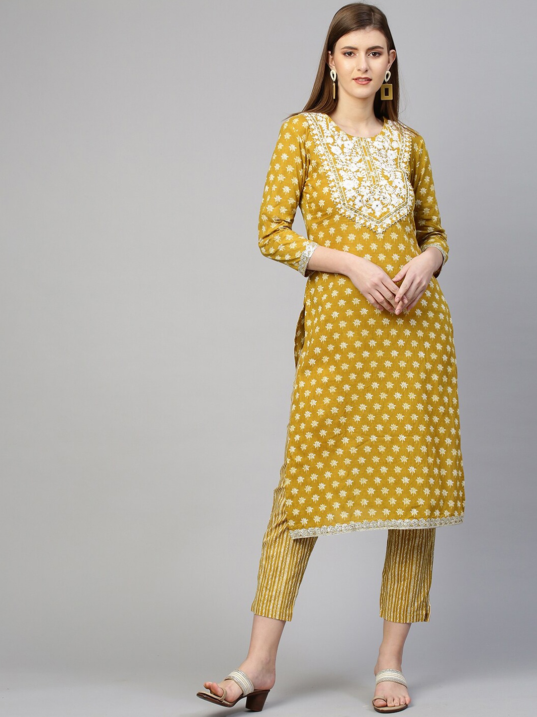 

FASHOR Women Mustard Yellow Embroidered Pure Cotton Kurta with Trousers