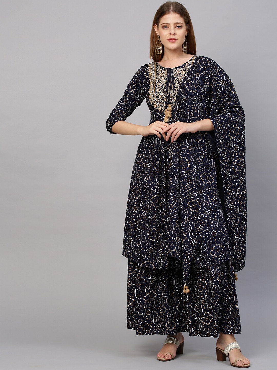 

FASHOR Women Navy Blue Bandhani Printed Kurta with Palazzos & With Dupatta