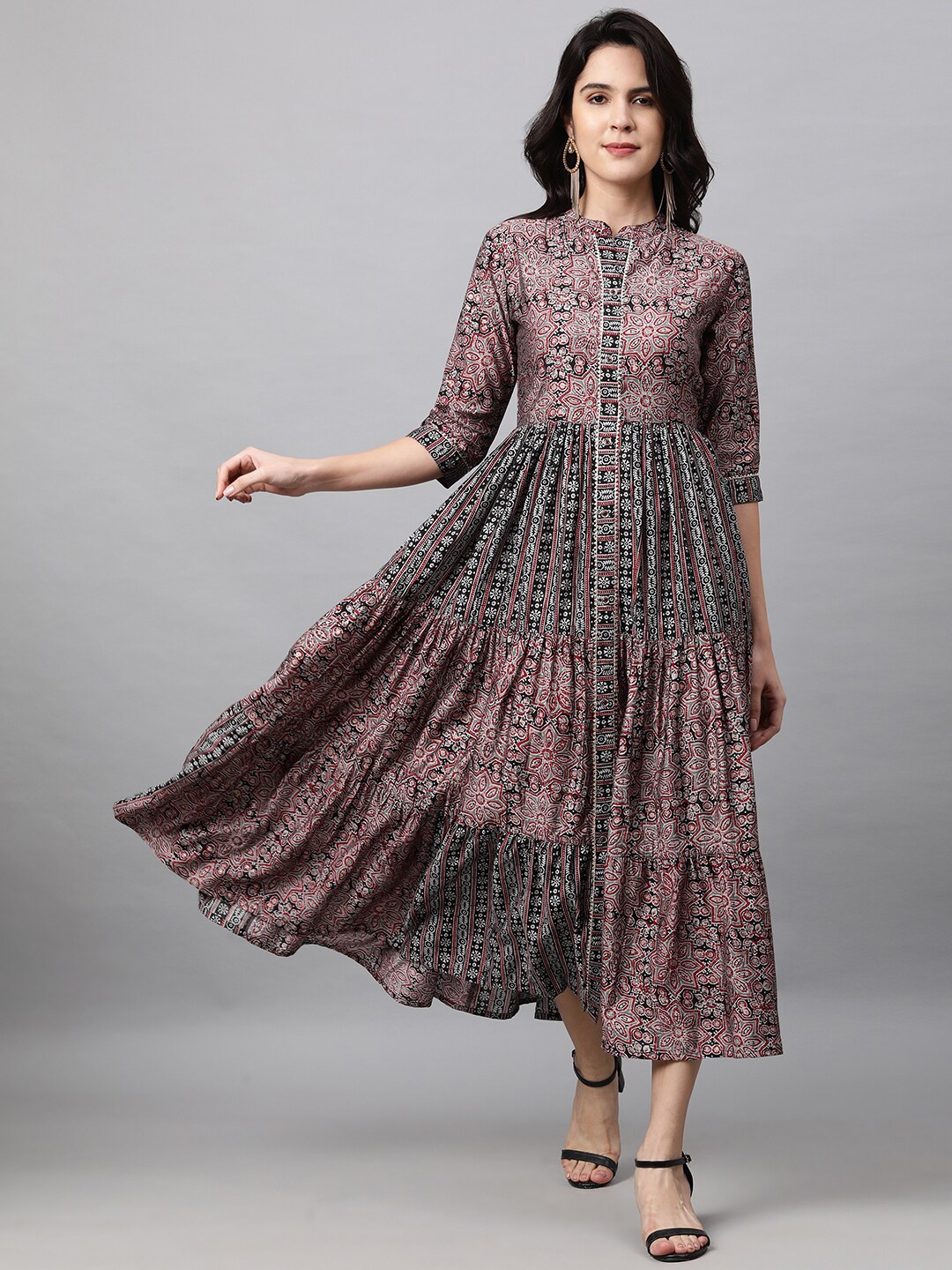 

FASHOR Black & Burgundy Ethnic Motifs Ethnic Tiered Maxi Dress