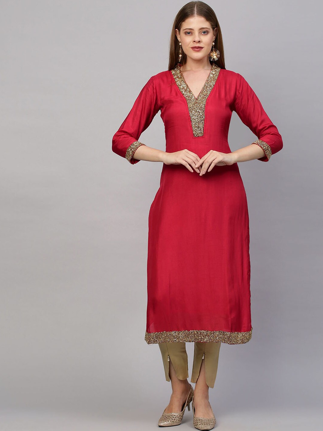 

FASHOR Women Red Beads & Stones Shantoon Kurta