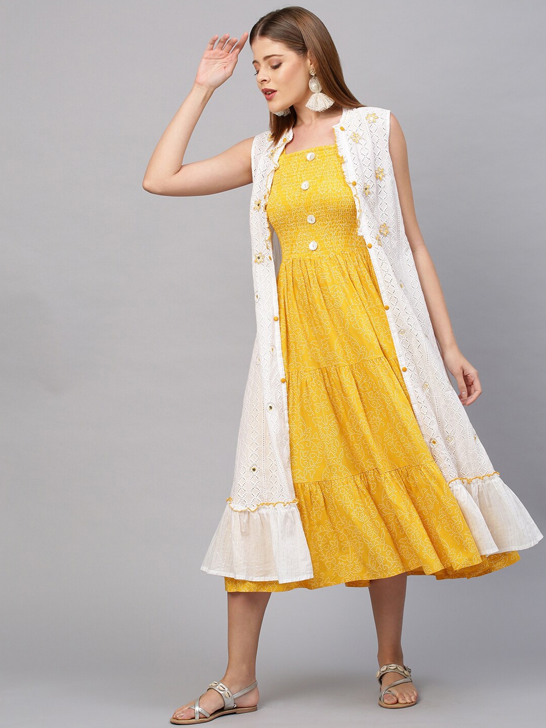 

FASHOR Yellow Printed Cotton Midi Dress With Jacket