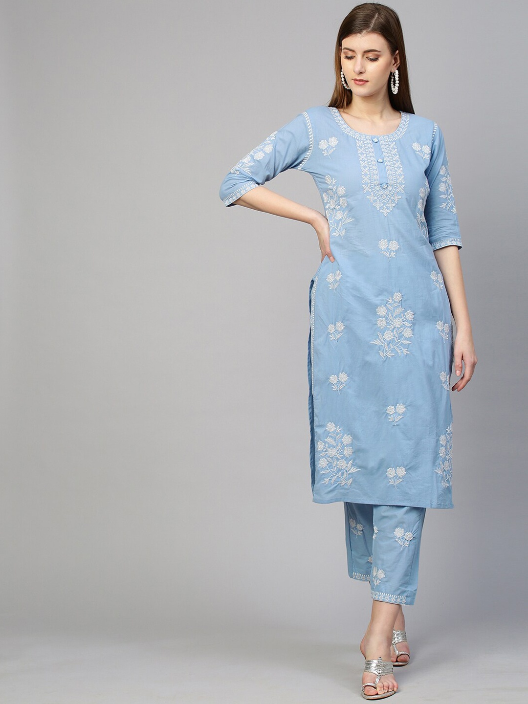 

FASHOR Women Blue Embroidered Panelled Thread Work Pure Cotton Kurta with Trousers & With Dupatta