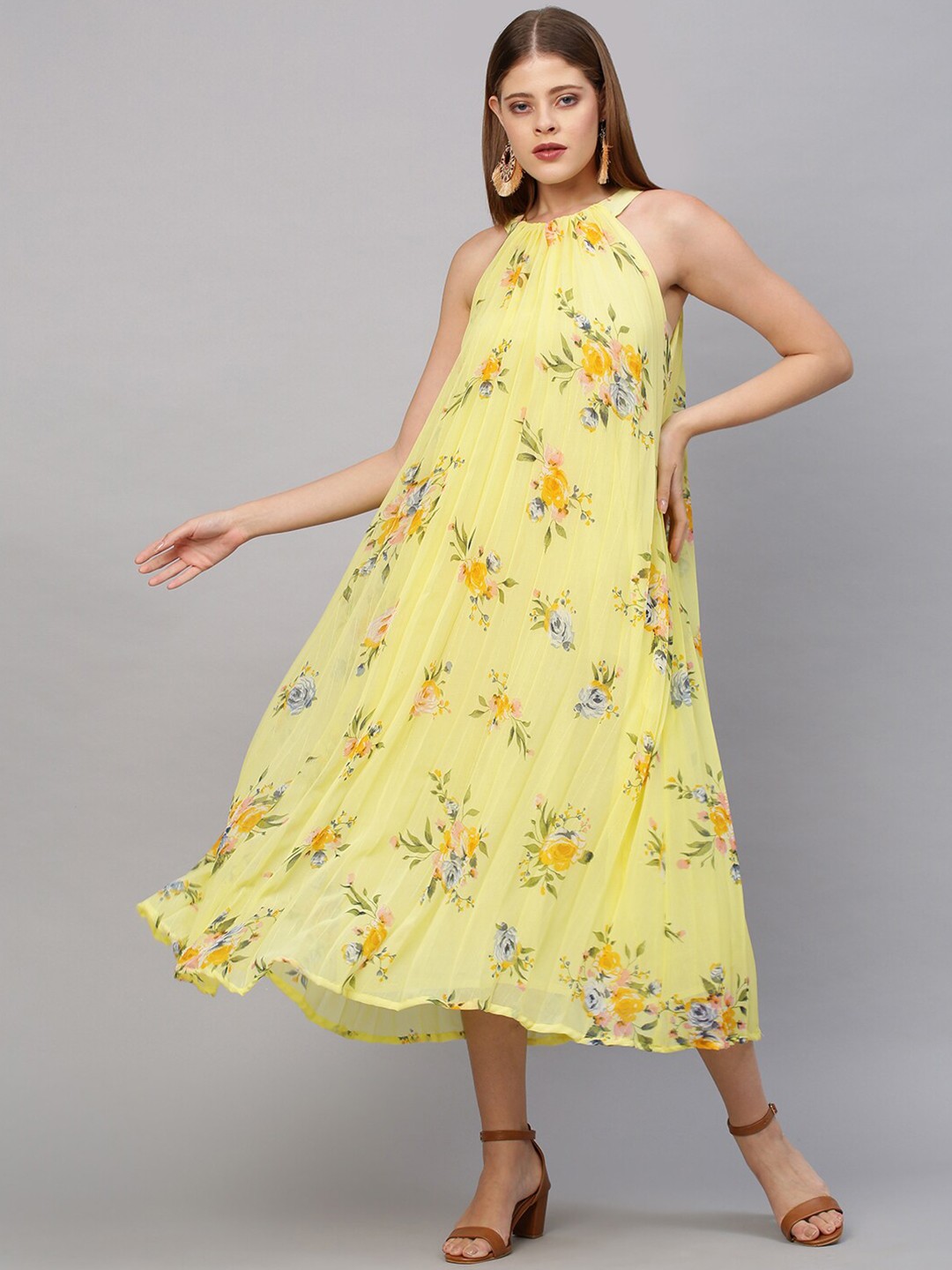 

FASHOR Women Yellow Floral Printed Halter Neck A-Line Midi Dress