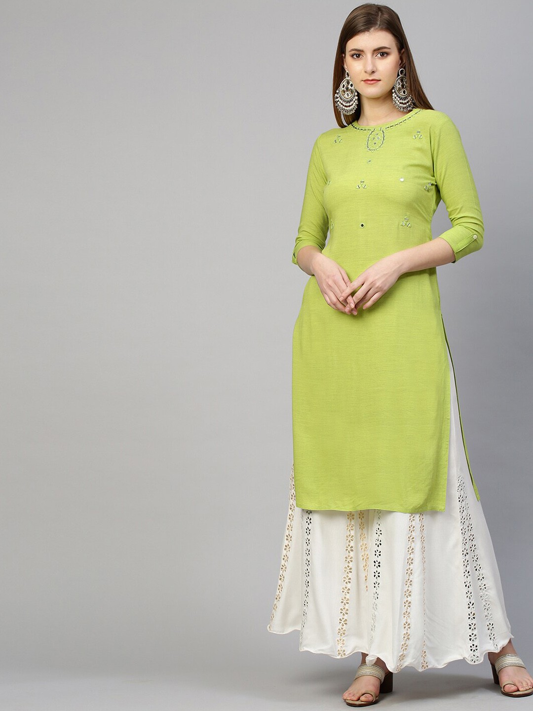 

FASHOR Women Green Yoke Design Thread Work Kurta