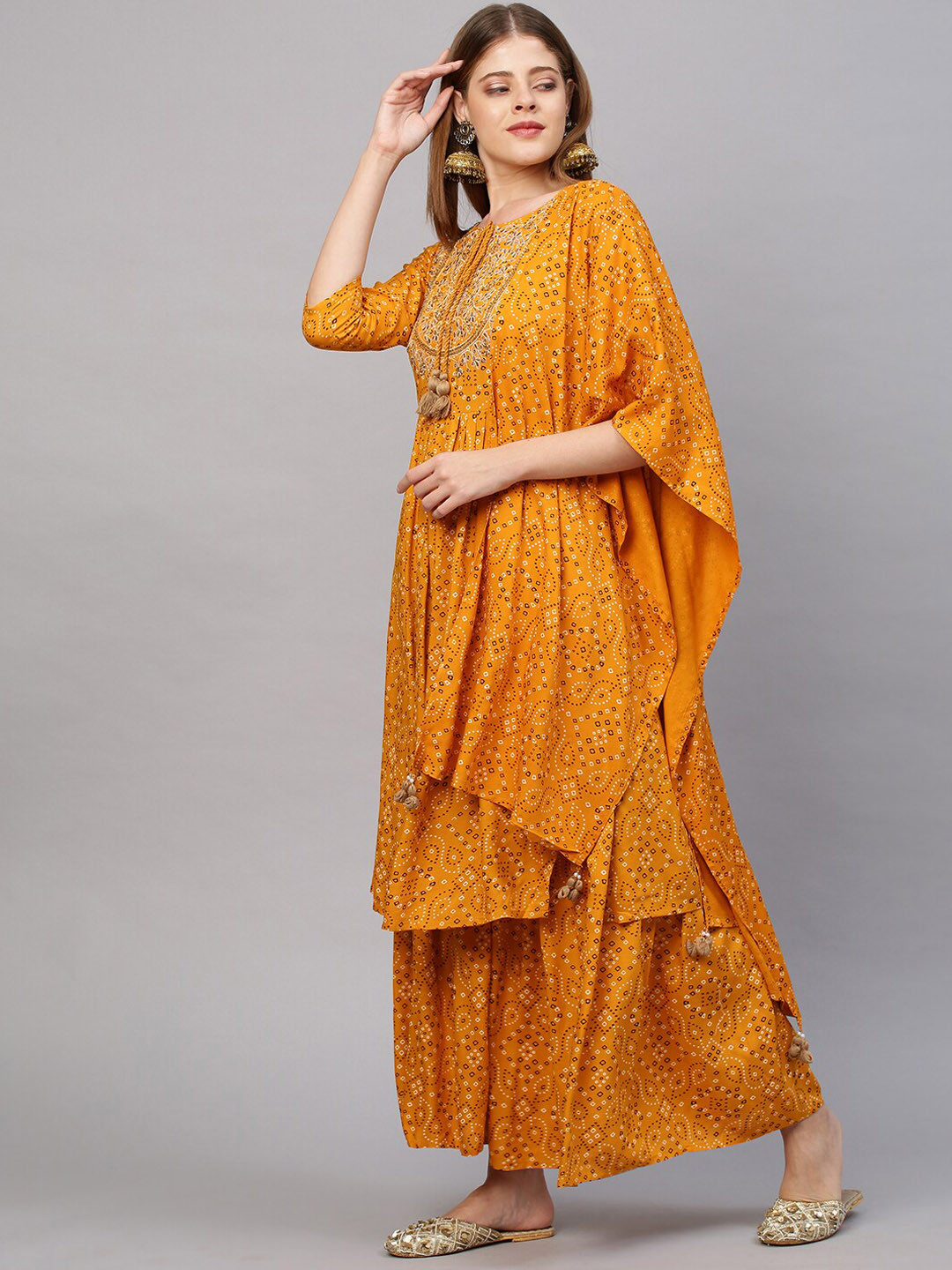 

FASHOR Women Mustard Yellow Bandhani Printed Kurta with Palazzos & With Dupatta