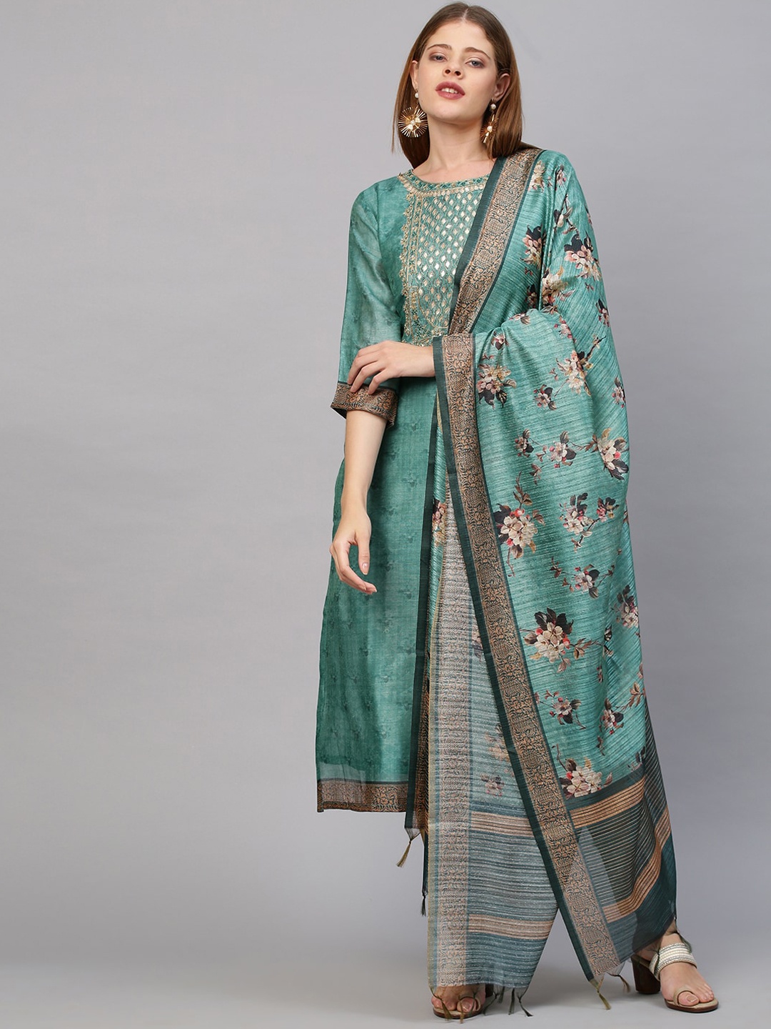 

FASHOR Women Green Floral Printed Kurta with Dupatta