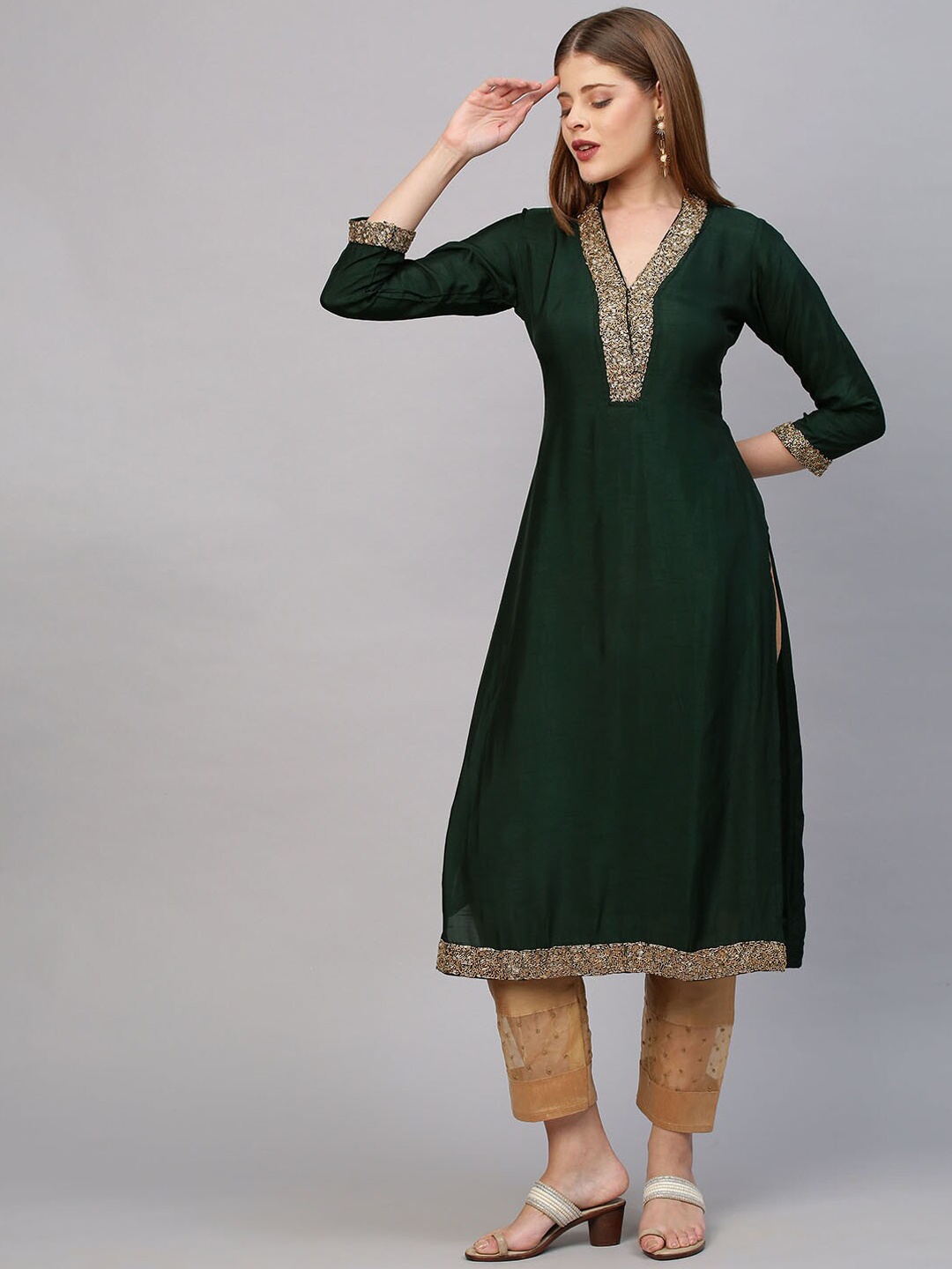 

FASHOR Women Green Yoke Design Kurta