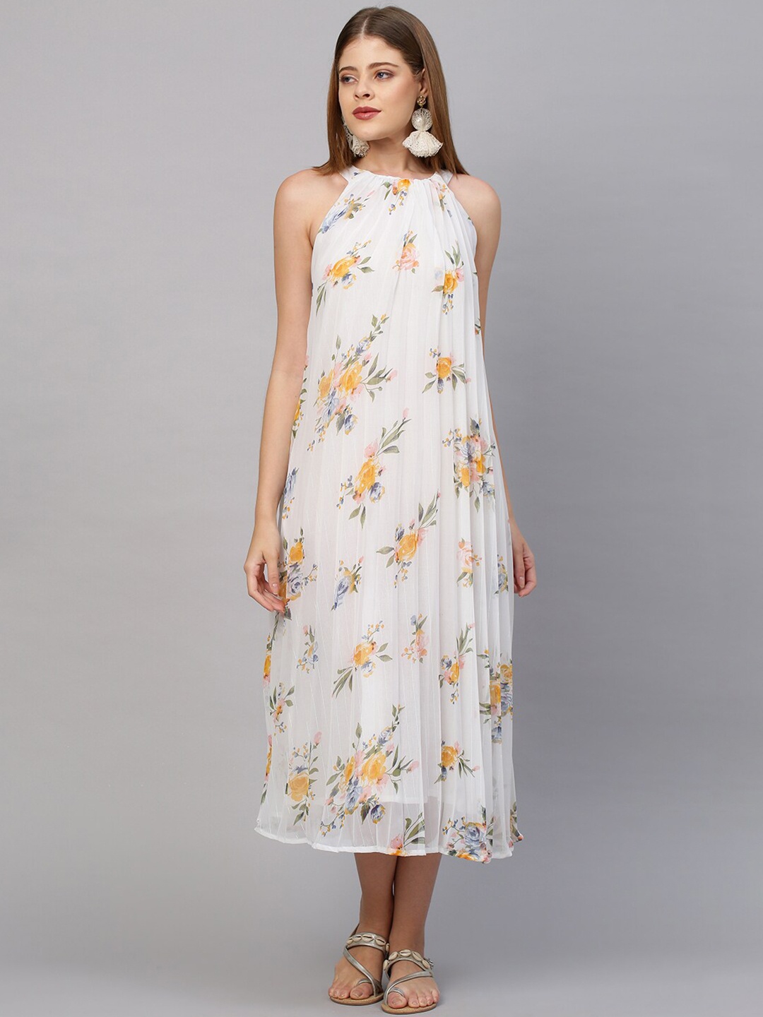 

FASHOR Women White & Orange Floral Pleated Georgette A-Line Midi Dress