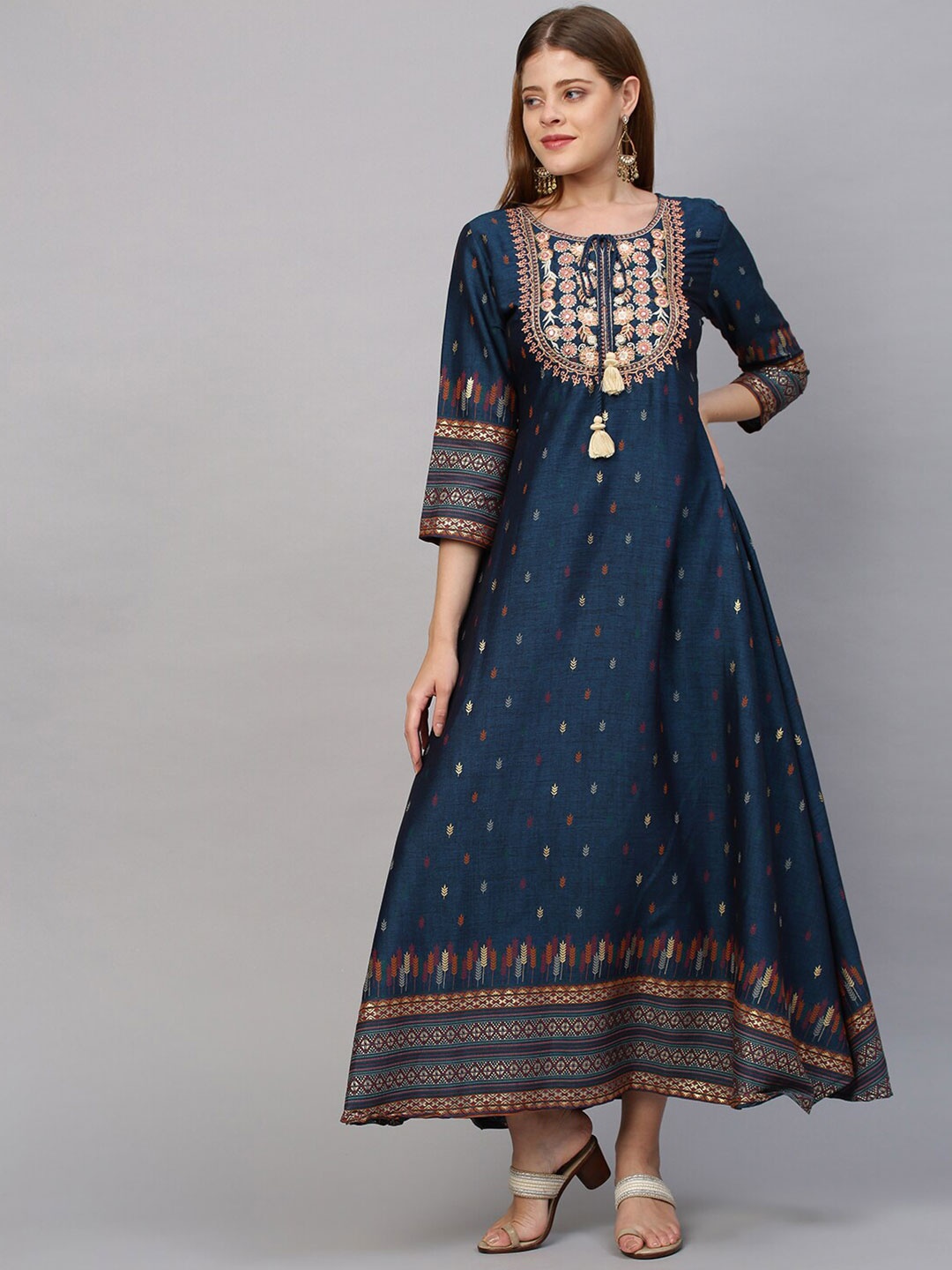 

FASHOR Blue Ethnic Motifs Printed Tie-Up Neck Ethnic Maxi Dress