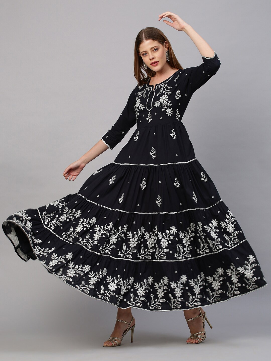 

FASHOR Women Black Ethnic Motifs Embroidered Ethnic Maxi Cotton Dress