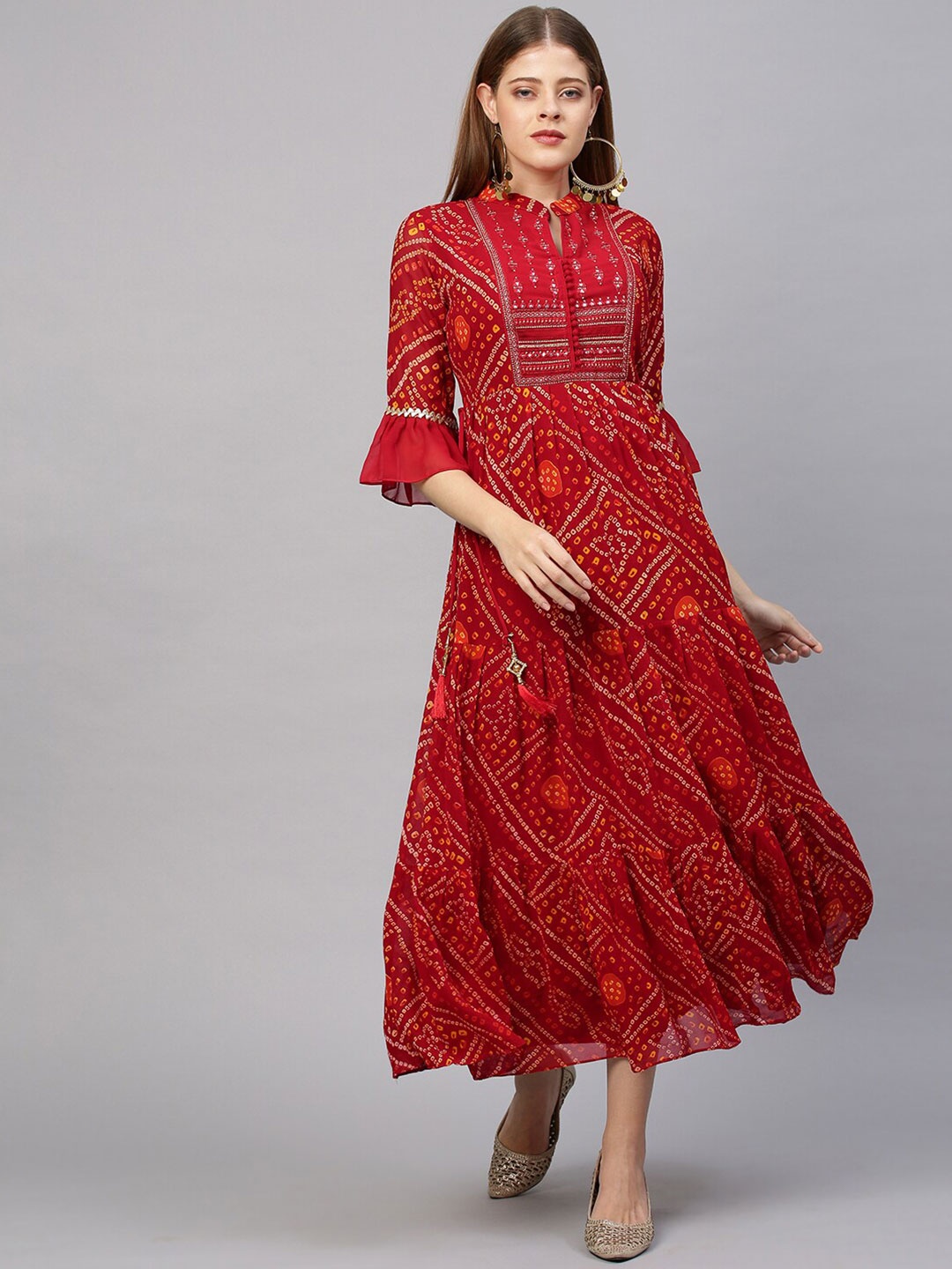 

FASHOR Red Ethnic Motifs Georgette Embellished Maxi Dress
