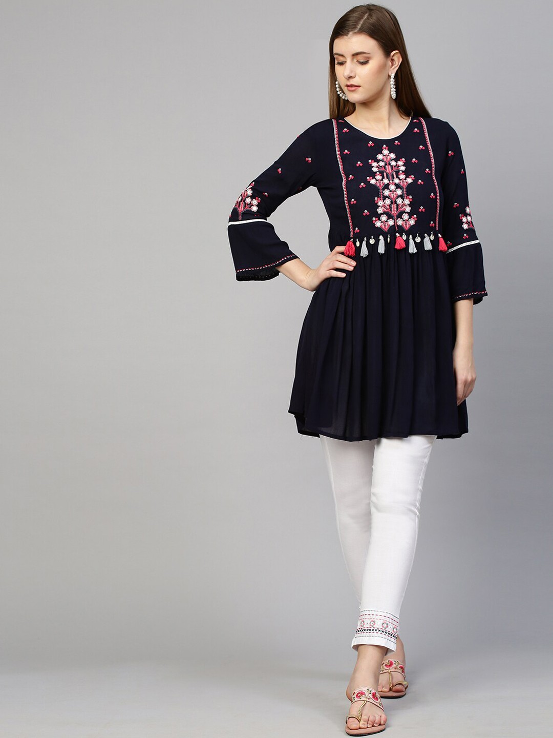 

FASHOR Women Navy Blue Yoke Design Pleated Kurti with Trousers