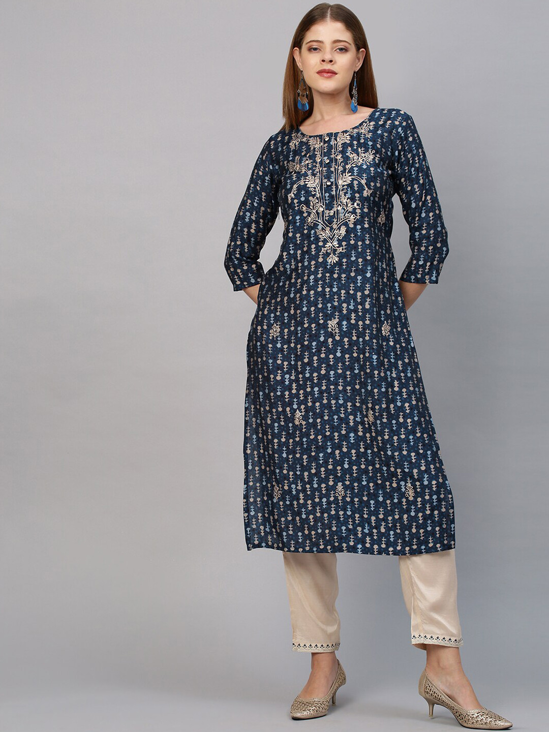 

FASHOR Women Blue Embroidered Panelled Kurta with Trousers & With Dupatta
